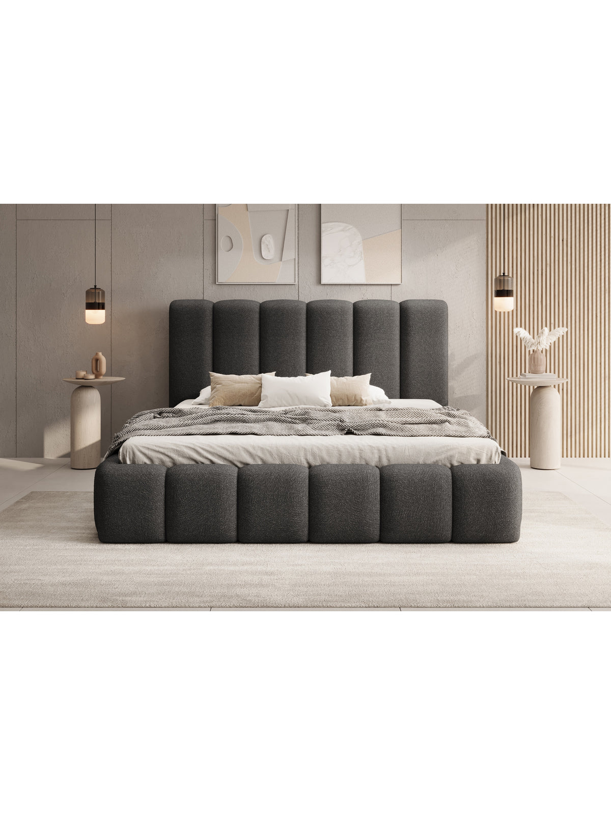 Łóżko tapicerowane Aura 160x200 w ciemno szarej tkaninie bouclé Quelle 92, z pojemnikiem na pościel