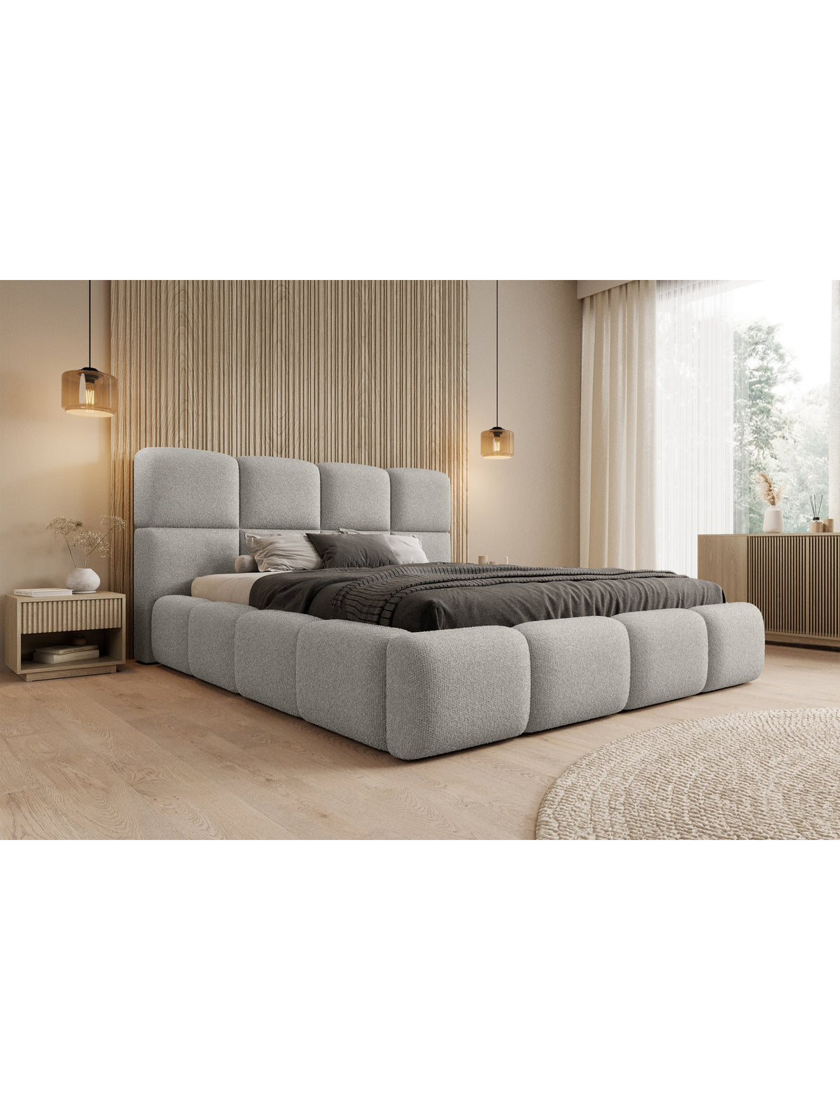 Čalouněná postel Cloud 160x200 s úložným prostorem v šedé boucle látce, přední pohled