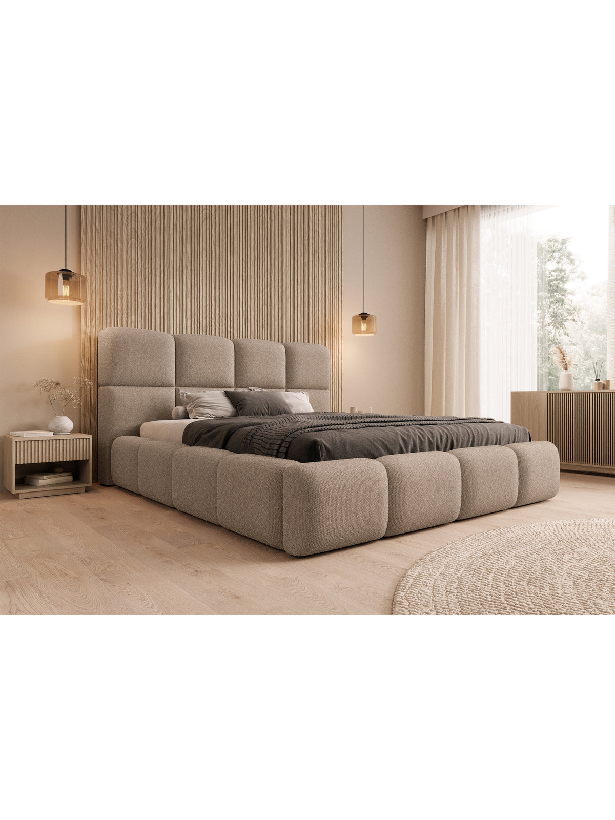 Čalouněná postel Cloud 180x200 v tmavě béžové boucle látce s úložným prostorem