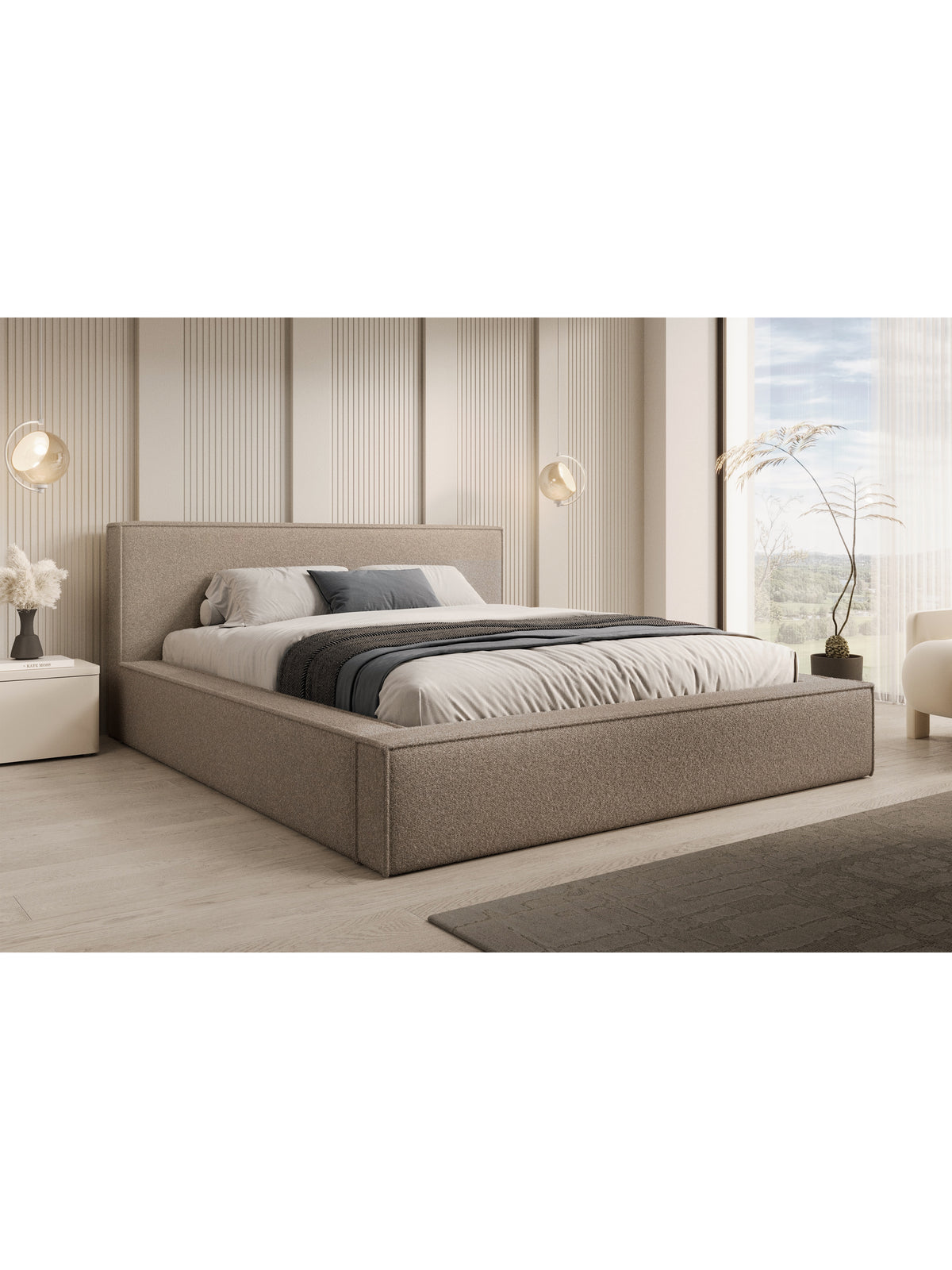 Čalouněná postel Nirello 180x200 tmavě béžová boucle Quelle 05 s úložným prostorem