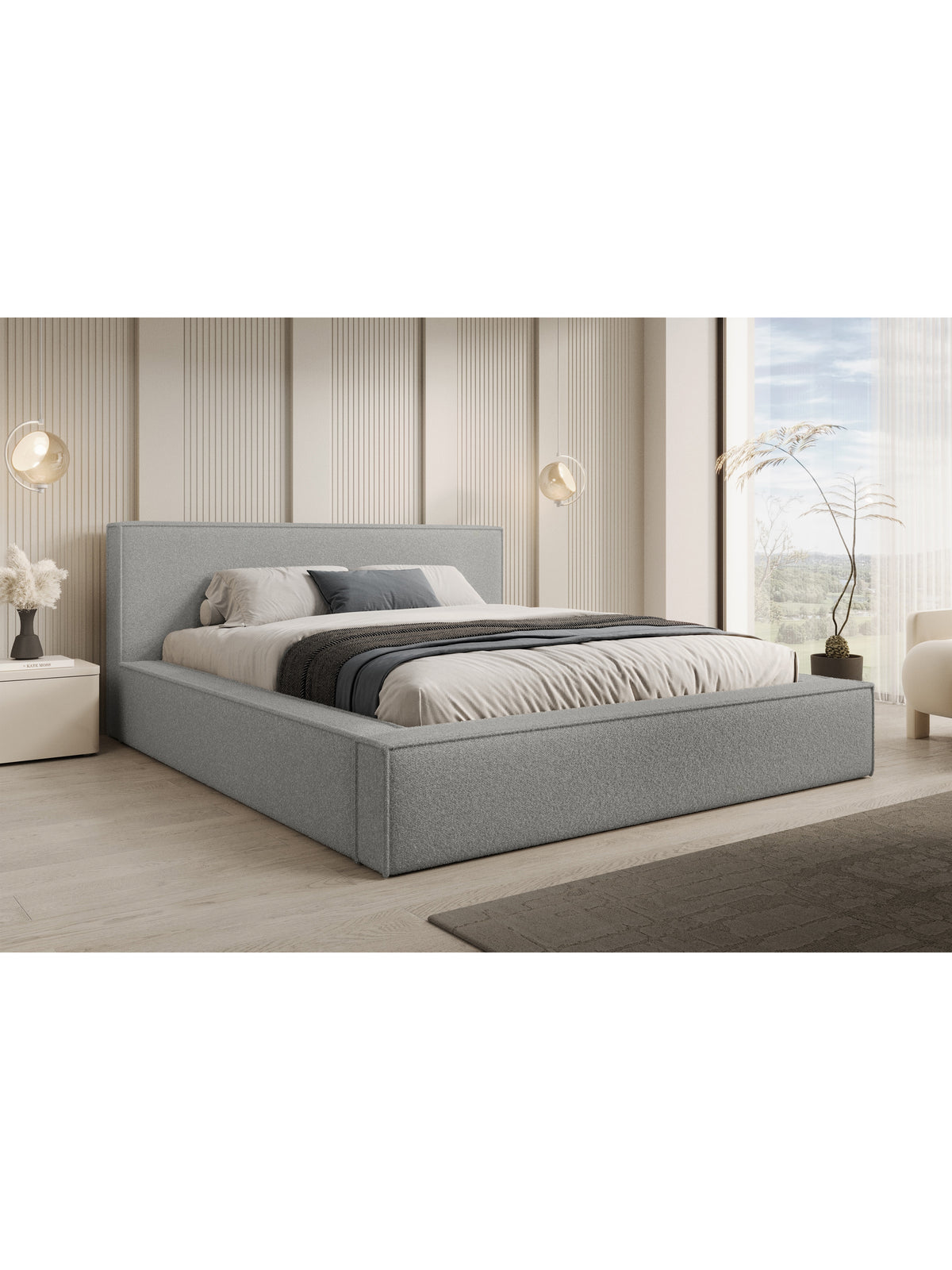 Čalouněná postel Nirello 180x200 šedá boucle tkanina s úložným prostorem