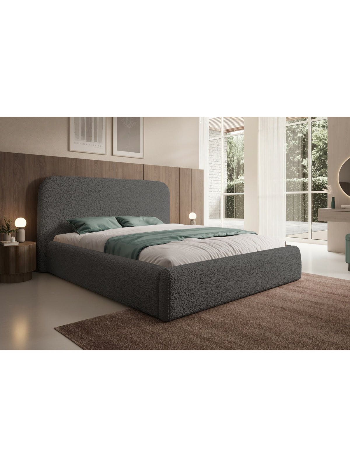 Čalouněná postel Rasel 160x200 tmavě šedý boucle Quelle 92 s úložným prostorem, boční pohled
