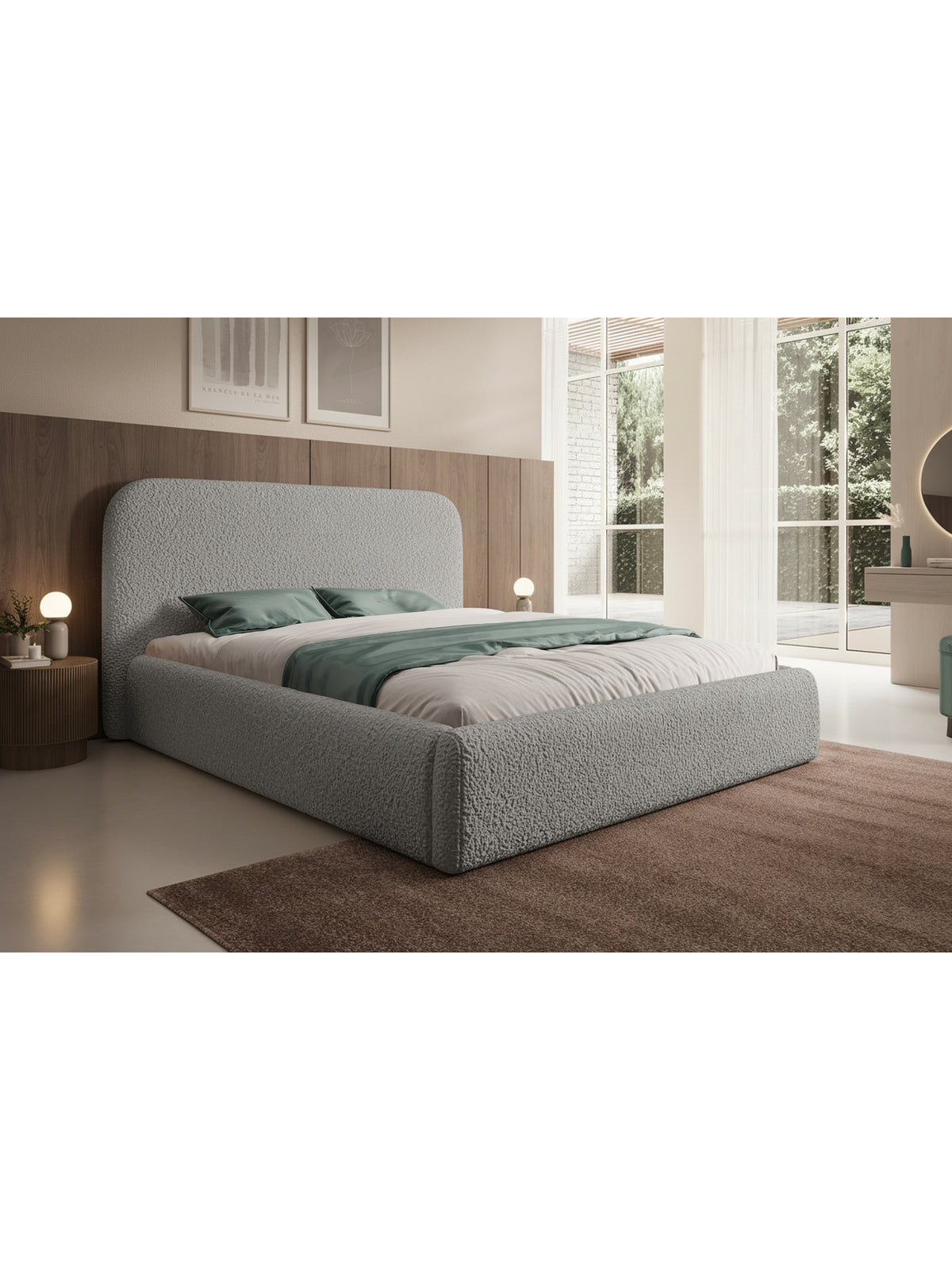 Čalouněná postel Rasel 180x200 v šedé boucle tkanině s nízkým čelem