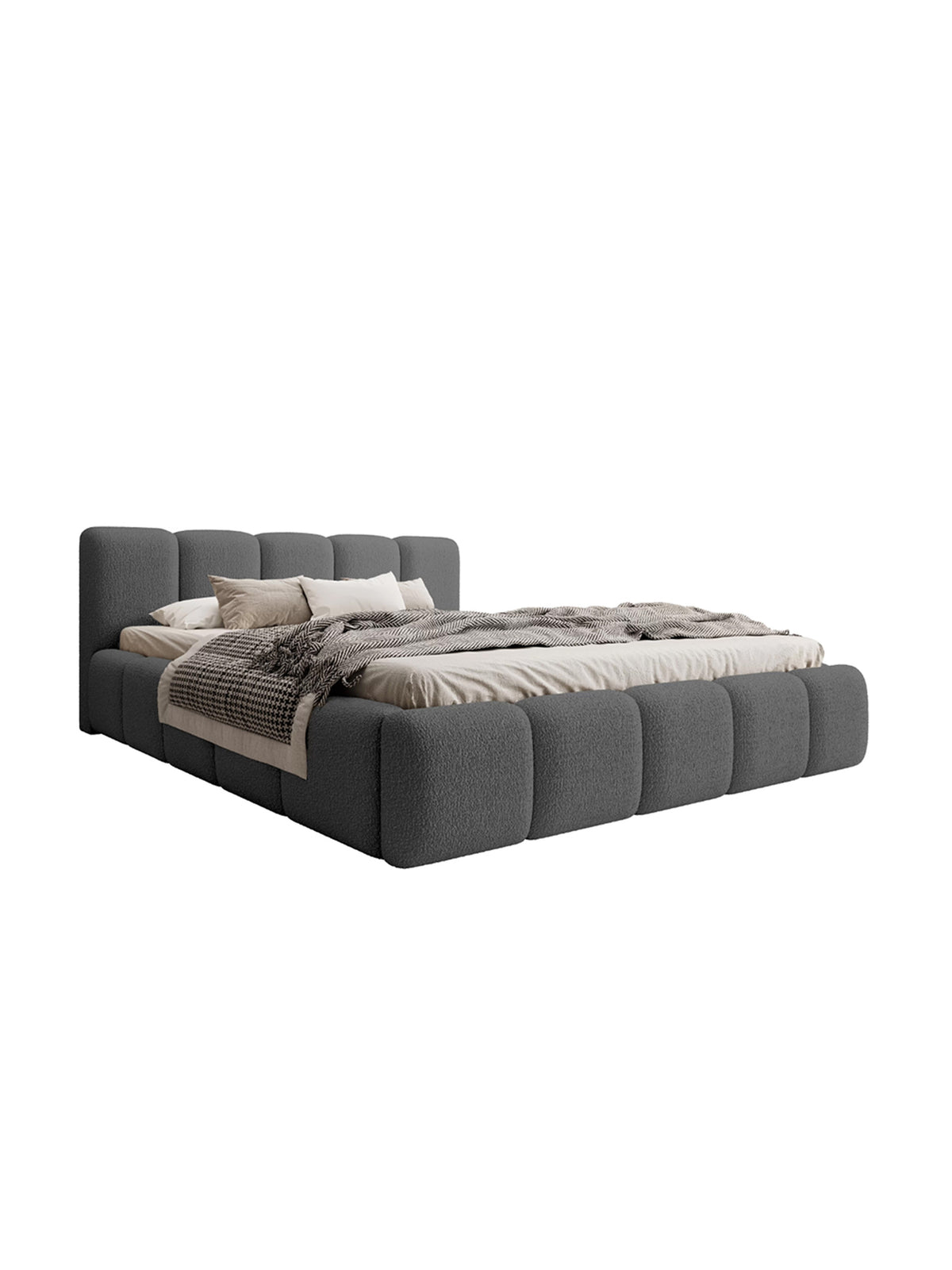 Čalouněná postel Tesia 160x200 tmavě šedá boucle Quelle 92, pohled ze strany s čelem postele
