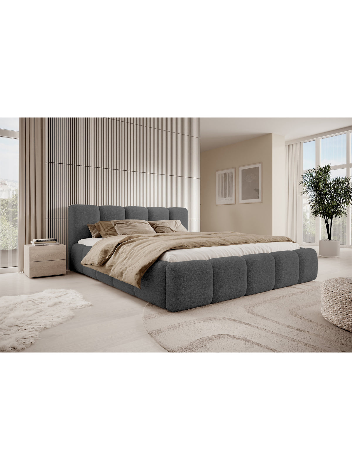 Čalouněná postel Tesia 160x200 tmavě šedá boucle s úložným prostorem, přední pohled