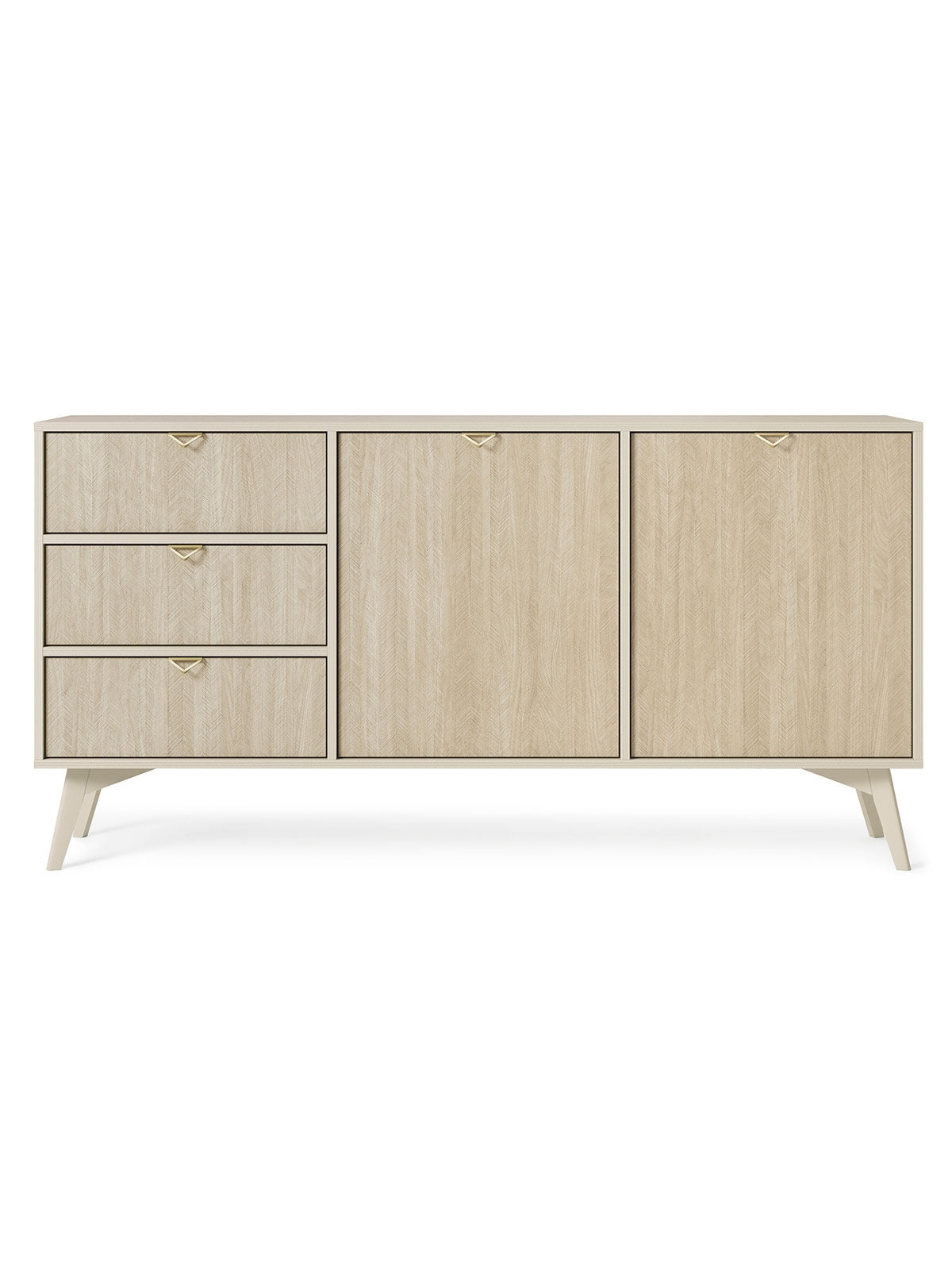 Komoda Lumira 158 cm piaskowa z jodełką scandi, 2 drzwi, 3 szuflady, front z jodełką