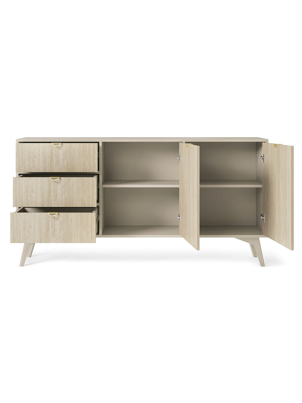 Komoda Lumira 158 cm piaskowa z dwudrzwiowa i trzema szufladami, front jodełka scandi