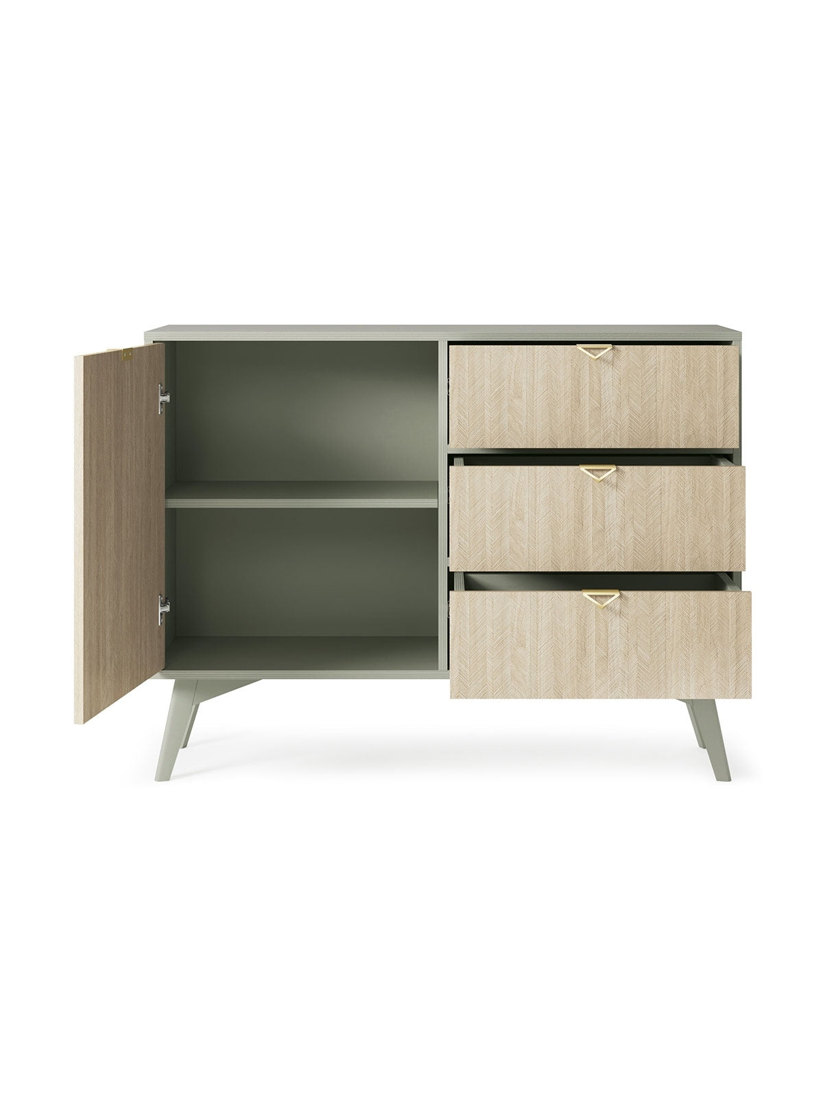 Komoda Lumira 106 cm oliwkowa z szufladami, front w jodełkę skandi, złote uchwyty, ujęcie wnętrza drzwi