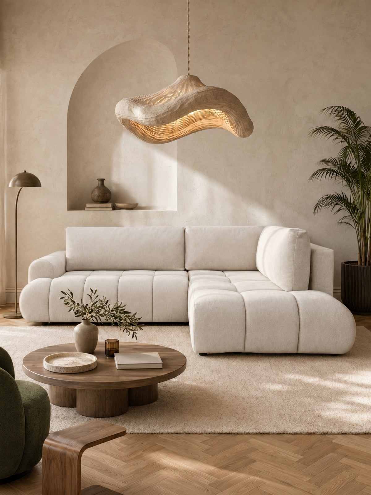 Rohová sedací souprava Lutario L s rozkládací funkcí v světlé barvě, moderní design
