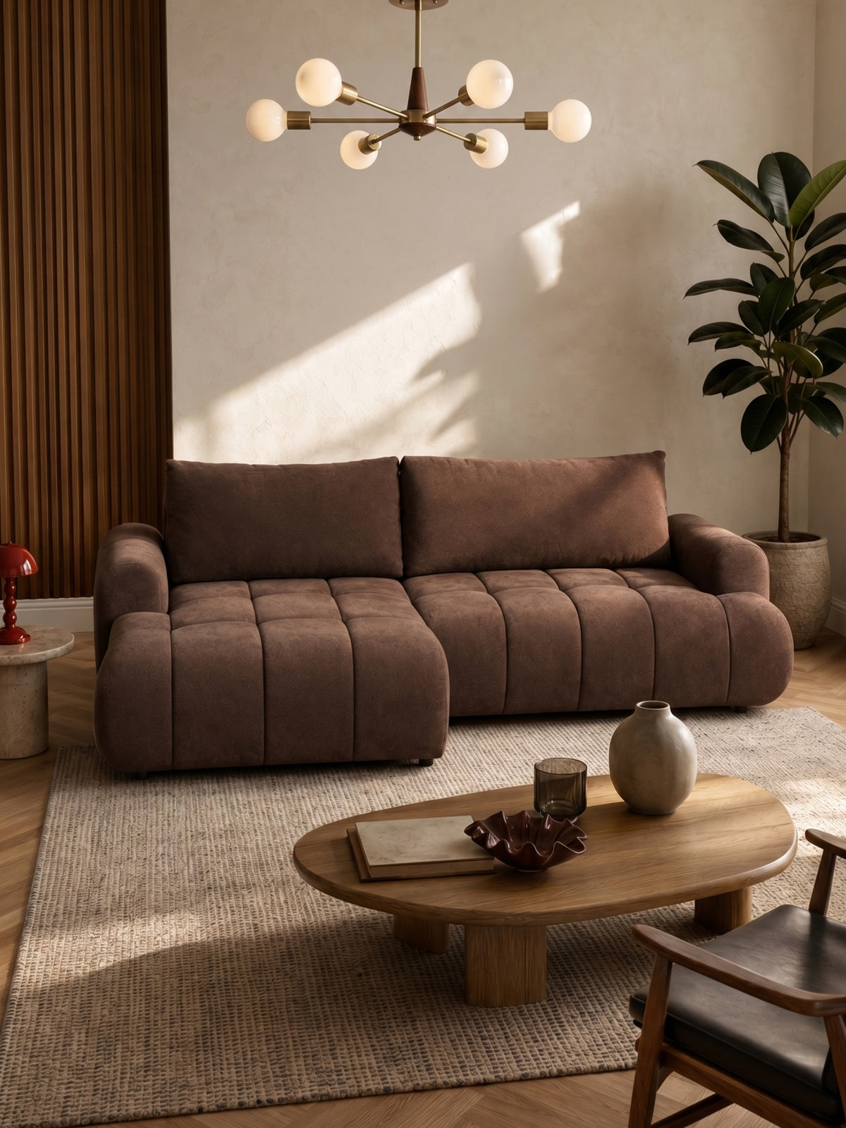 Levostranná rohová sofa Lutario Mini v hnědém sametu Vibe 26 s prošitým sedákem