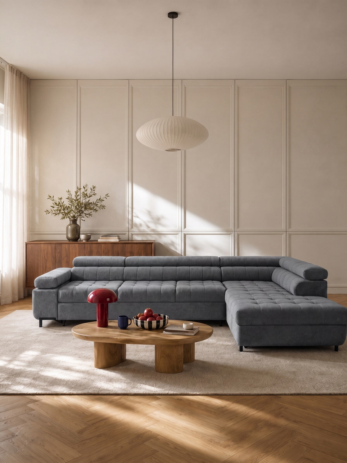 Rohová sedačka Tyrion Maxi pravá strana, šedý samet Ditra New 15, moderní styl
