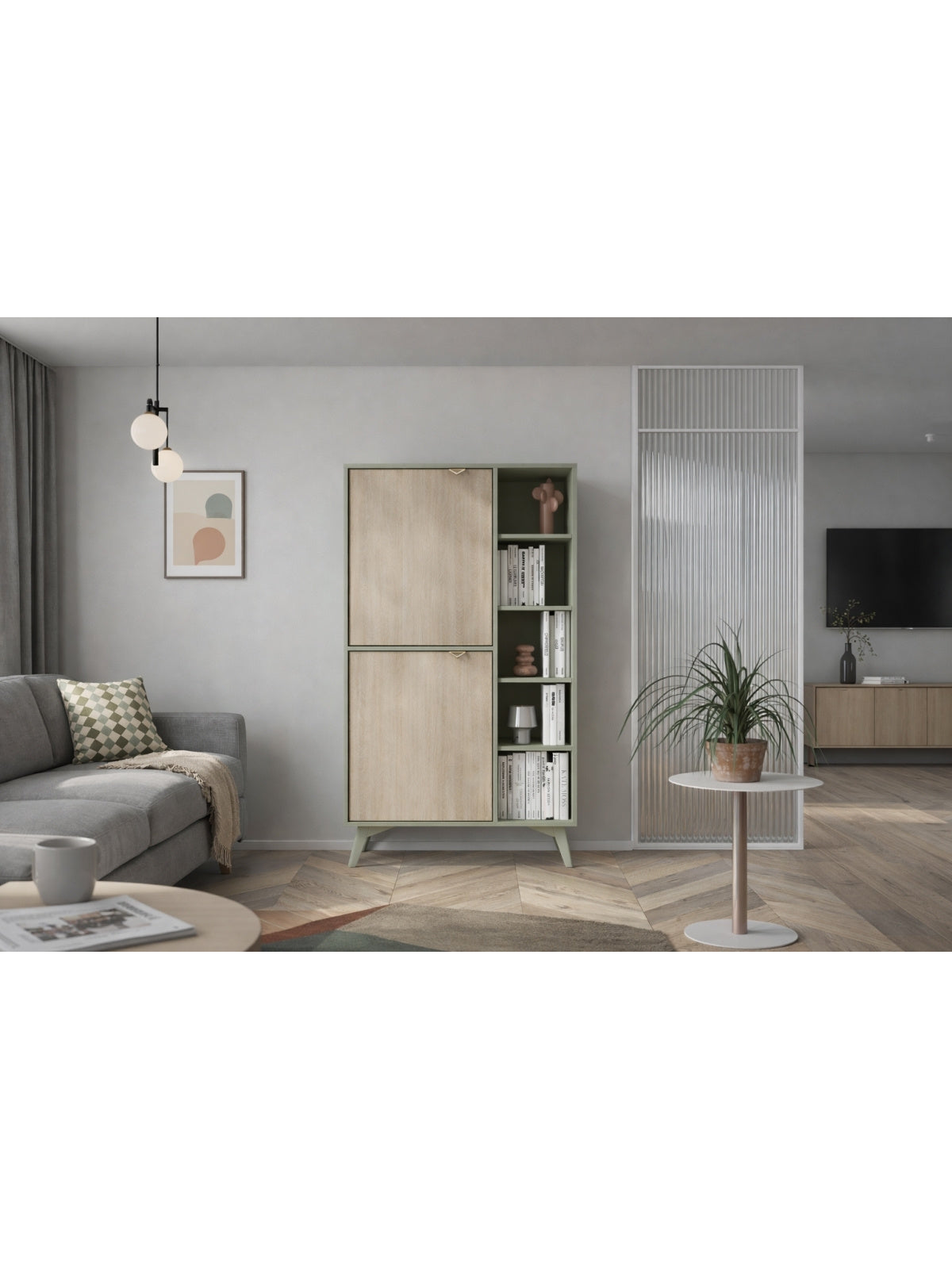 Skříň Lumira 80 cm dvoudveřová eukalyptus s čely vzor rybí kost scandi a zlatými úchyty