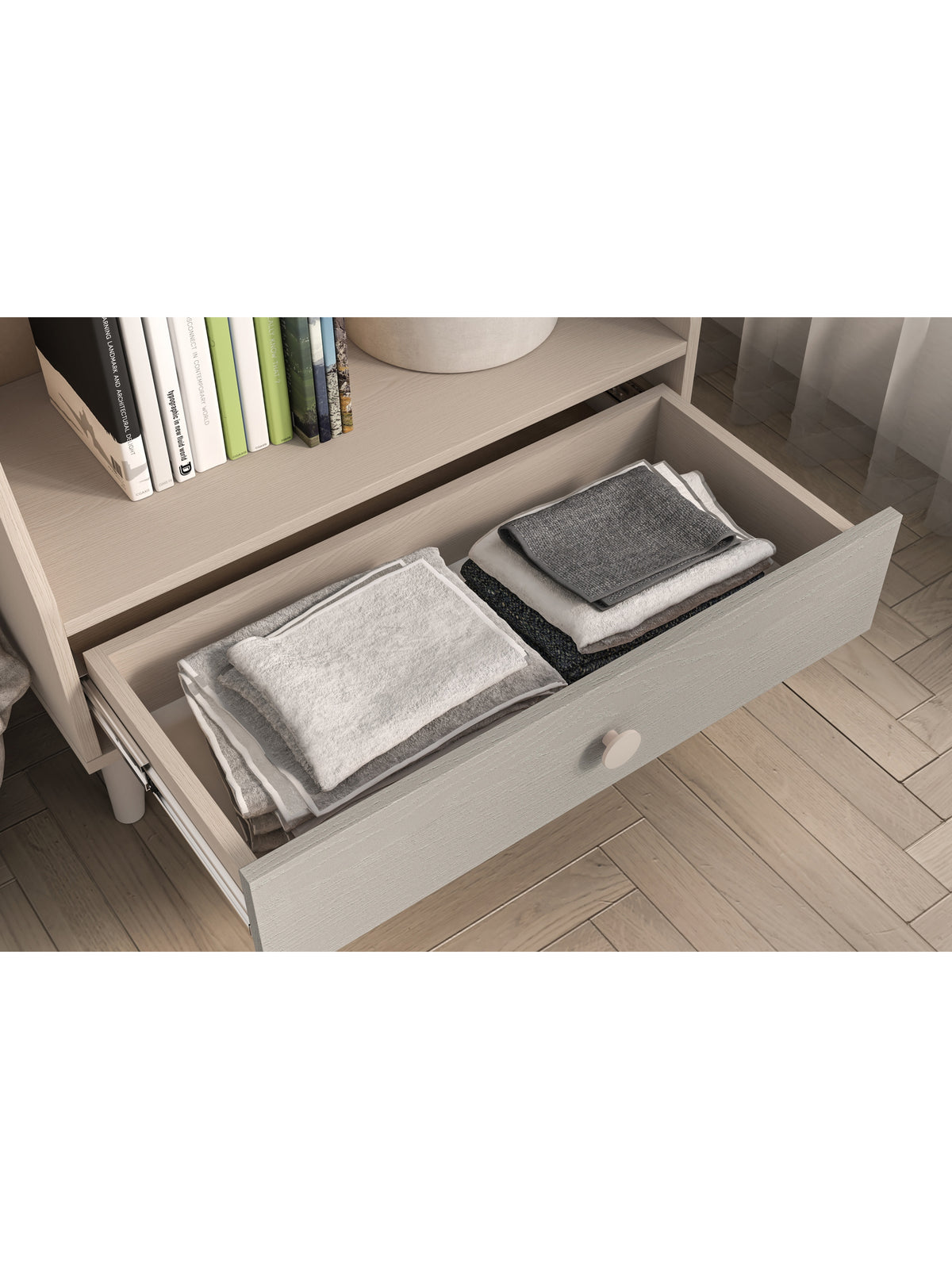 Dětský regál Marla 72 cm s šuplíkem, korpus písek pouště, front šedý pallad