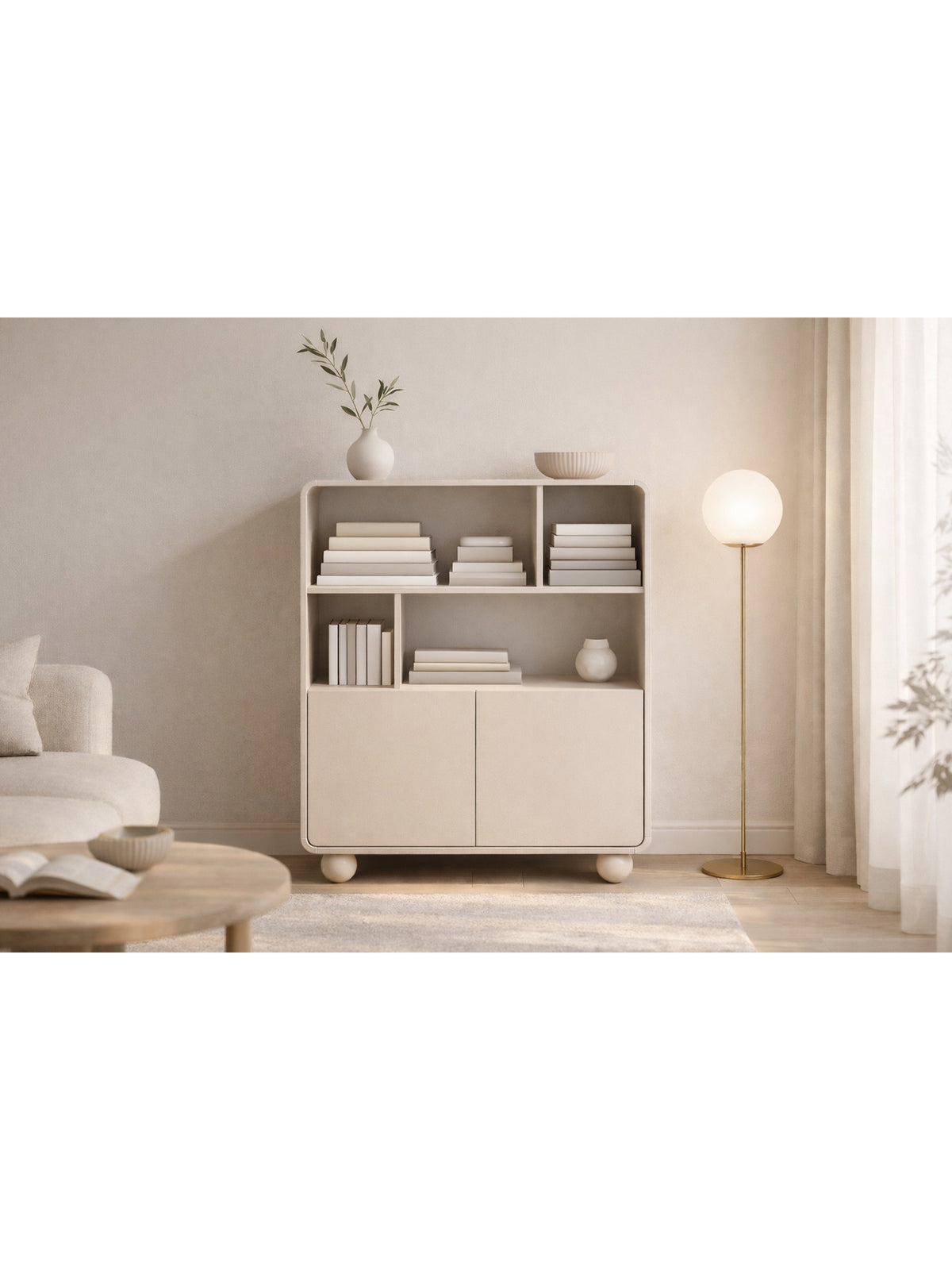 Otevřený regál Vellino 108 cm v barvě kašmír, 2 dveře a 3 police, styl Modern Organic