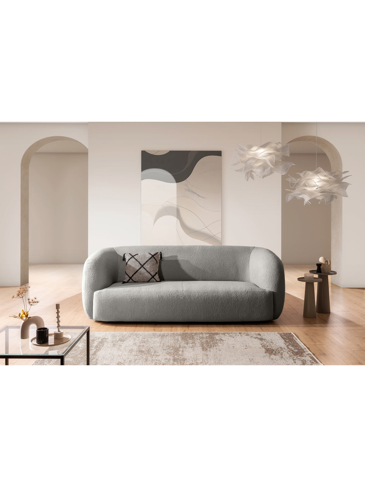 Šedá třípohovka Dalin III z látky bouclé Lambi 11, moderní design, do obývacího pokoje