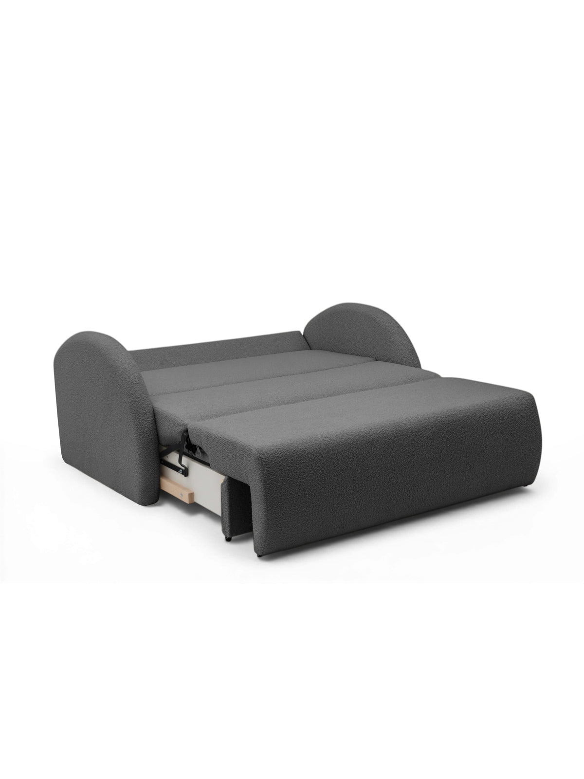 Sofa rozkładana Nubi 120 cm w szarym materiale boucle z pojemnikiem na pościel