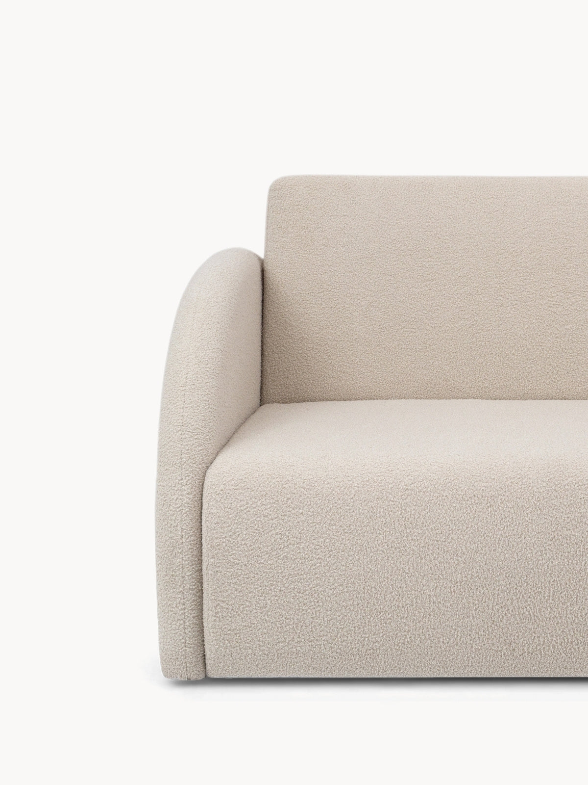Sofa rozkładana Nubi dwuosobowa beżowa z pojemnikiem na pościel, widok detalu podłokietnika