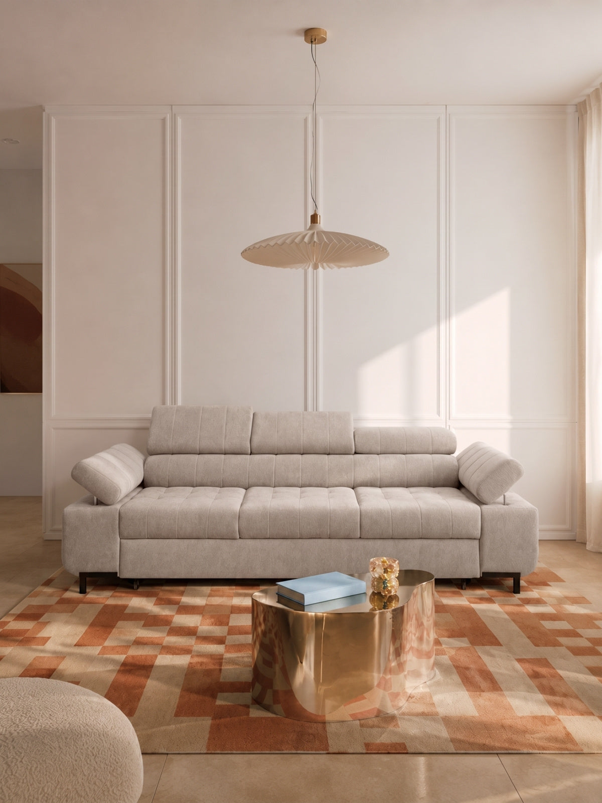 Sofa trzyosobowa Tyrion beżowy szenil Vibe 08 z regulowanymi zagłówkami i podłokietnikami