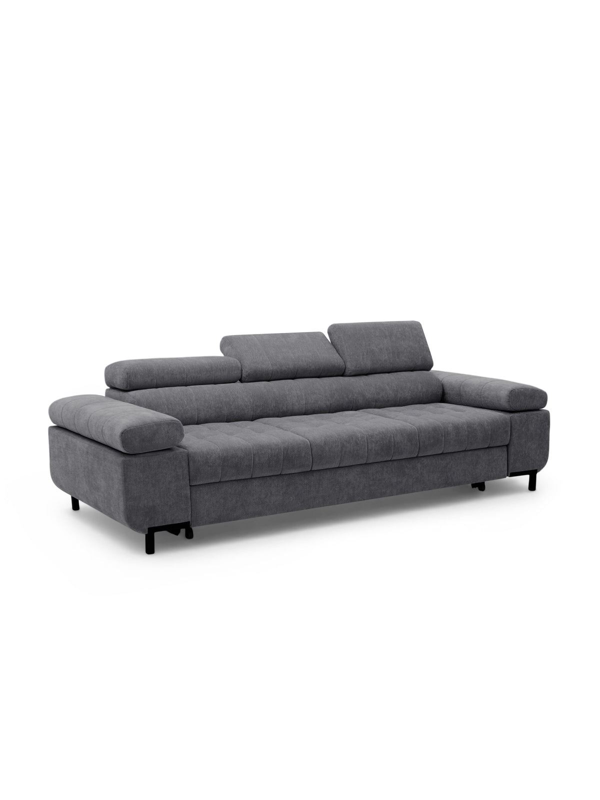 Sofa trzyosobowa Tyrion w szarym szenilu Vibe 95 z regulowanymi zagłówkami, widok z przodu
