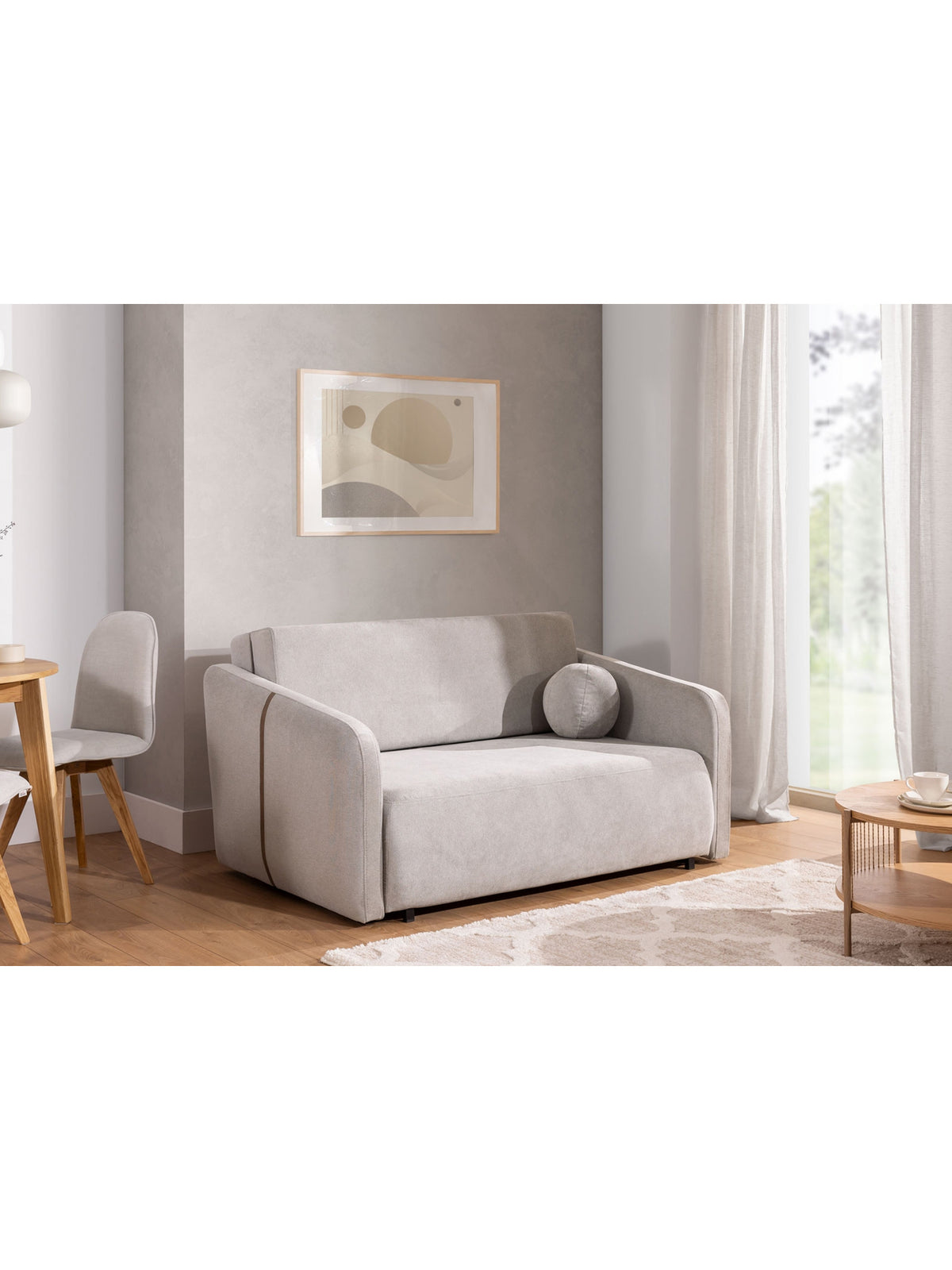Rozkládací sofa Zeldia 155 světle šedá hydrofobní šenilová látka, pohled zepředu s polštářem