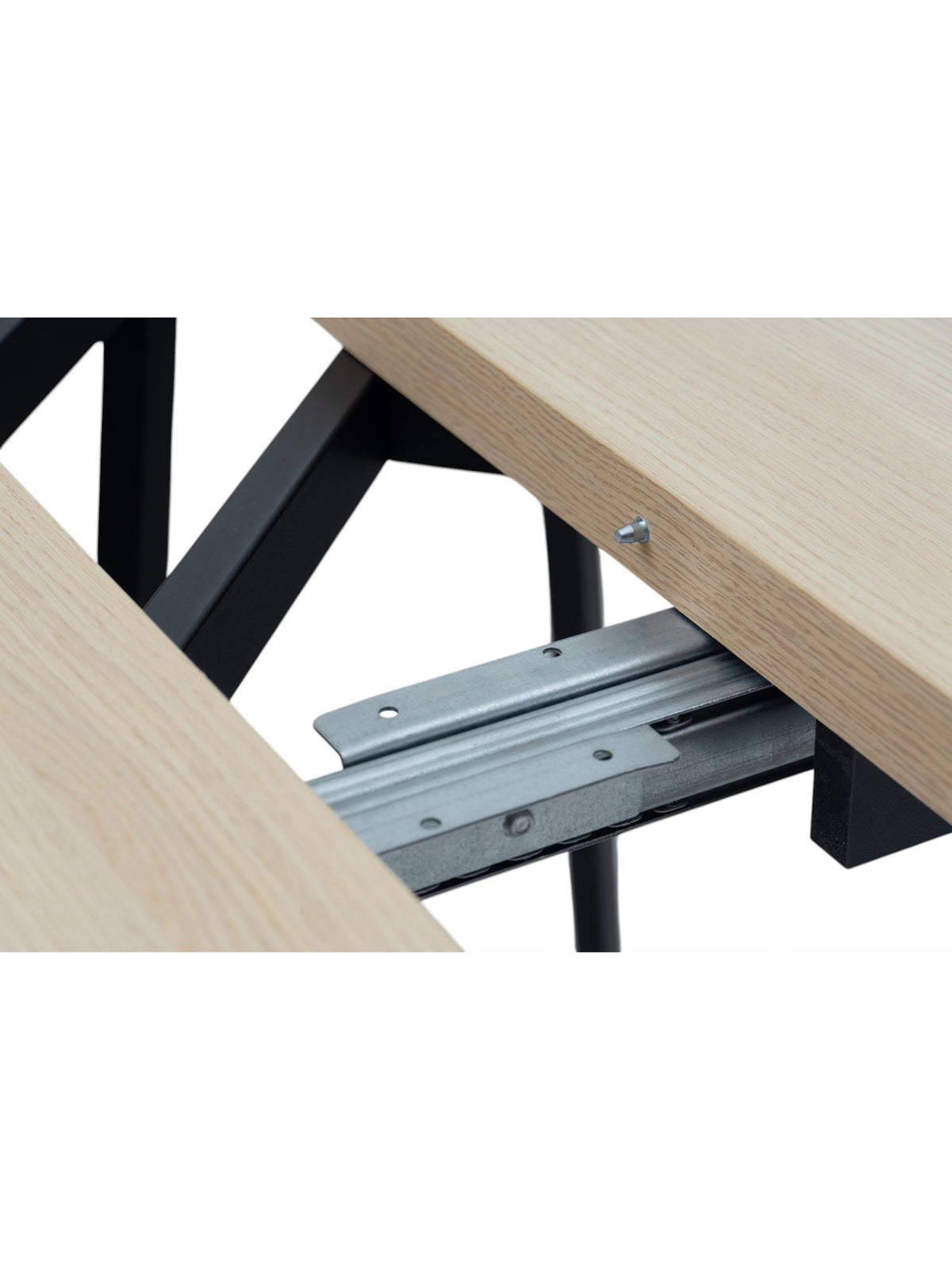Kulatý rozkládací stůl Cedrus s černým rámem a povrchem dub vinceza, detail mechanismu