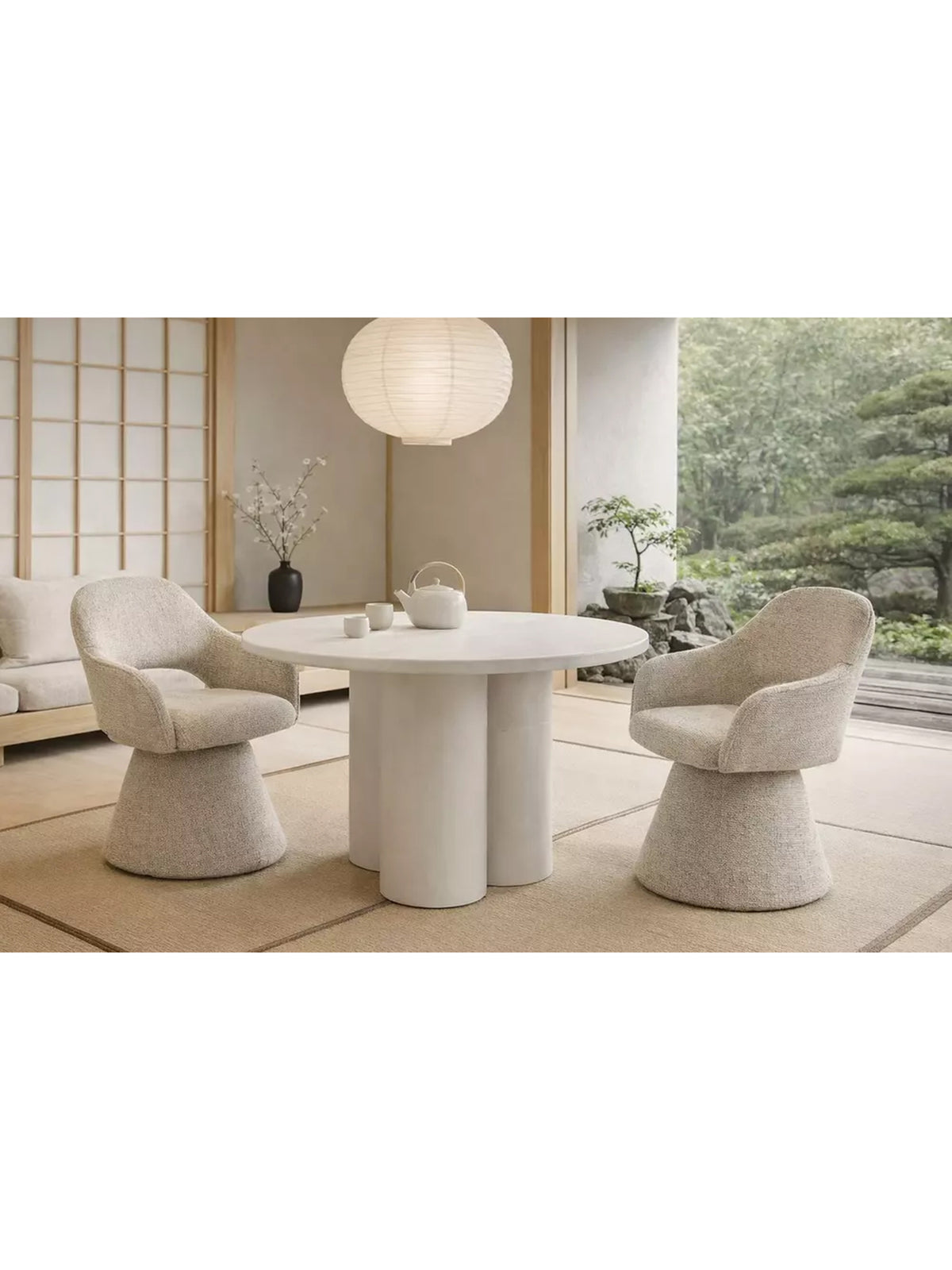 Kulatý stůl Cylindus 120 cm krémový s mikrocementovou deskou a rámem, moderní design