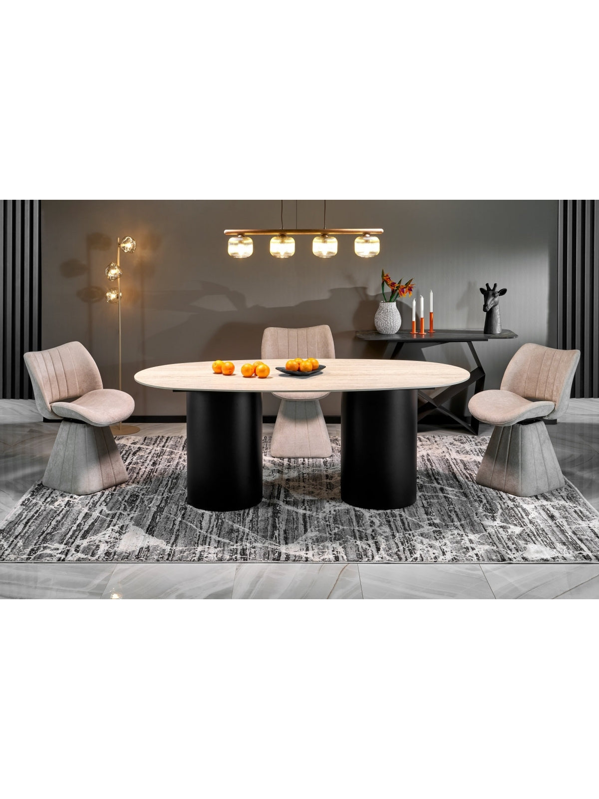 Oválný stůl Molven 200x100 cm s deskou travertinový mramor a černými nohami
