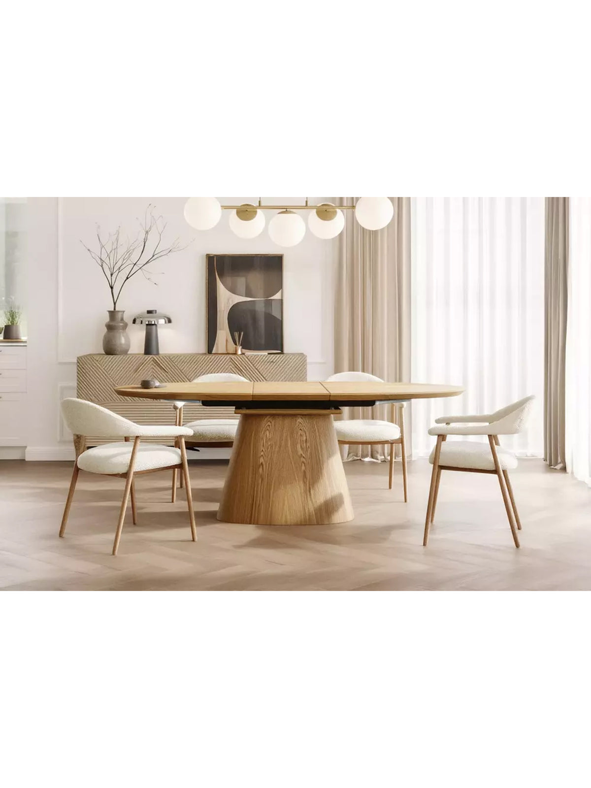 Rozkládací oválný stůl Lurta 160-200x90 cm přírodní dub, Scandi styl, široký pohled