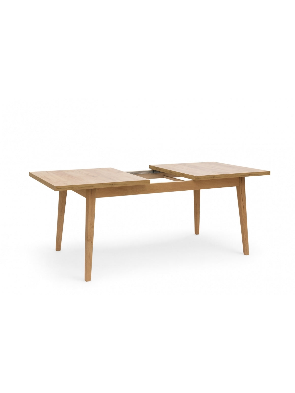 Rozkládací stůl Paris 160-200x90 cm hnědý s dřevěnými nohami, pohled zboku na rozloženou desku