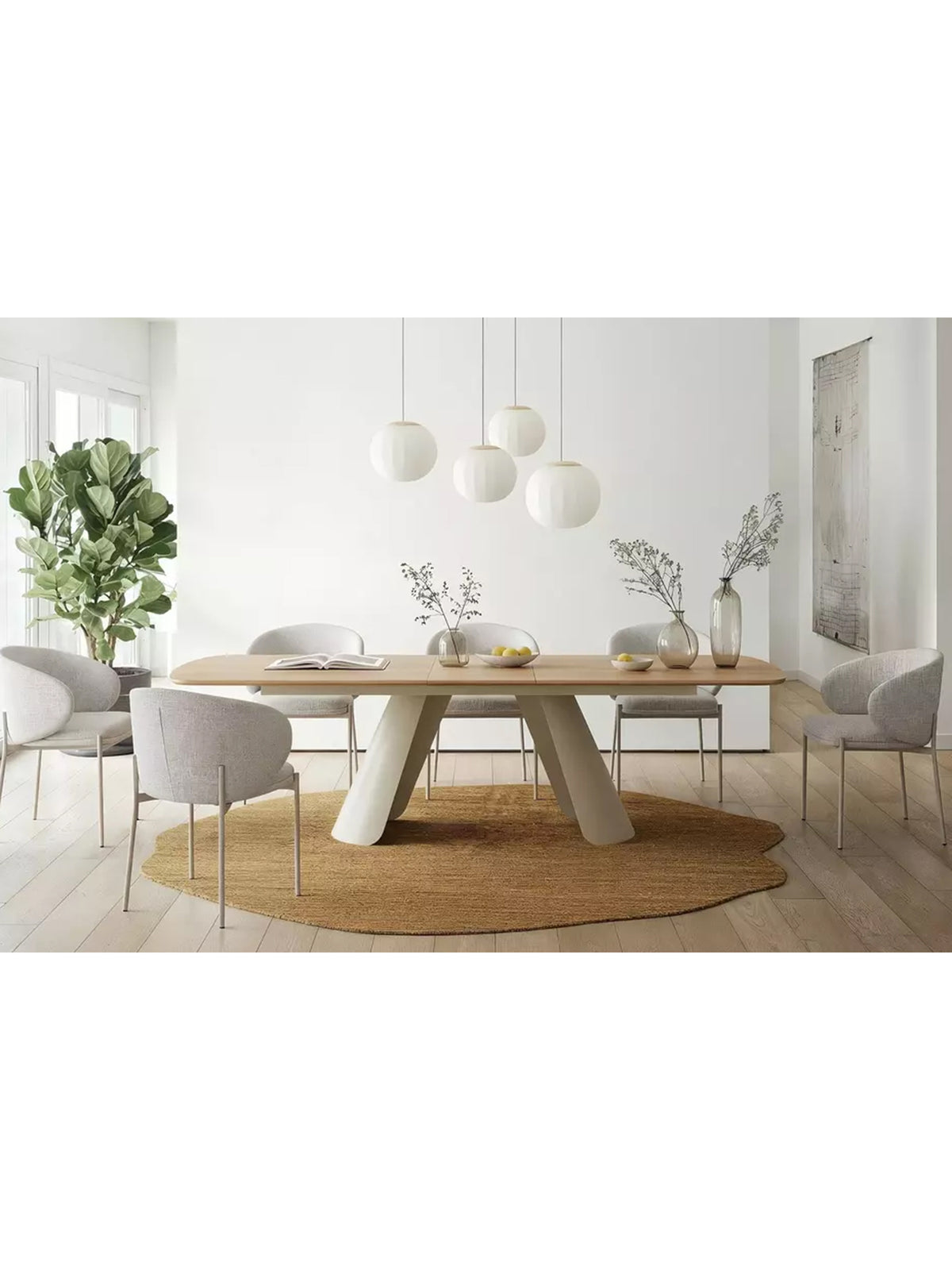 Rozkládací stůl Solmi 200-240x100 cm s dubovou deskou a kasmírovými nohami, celkový pohled