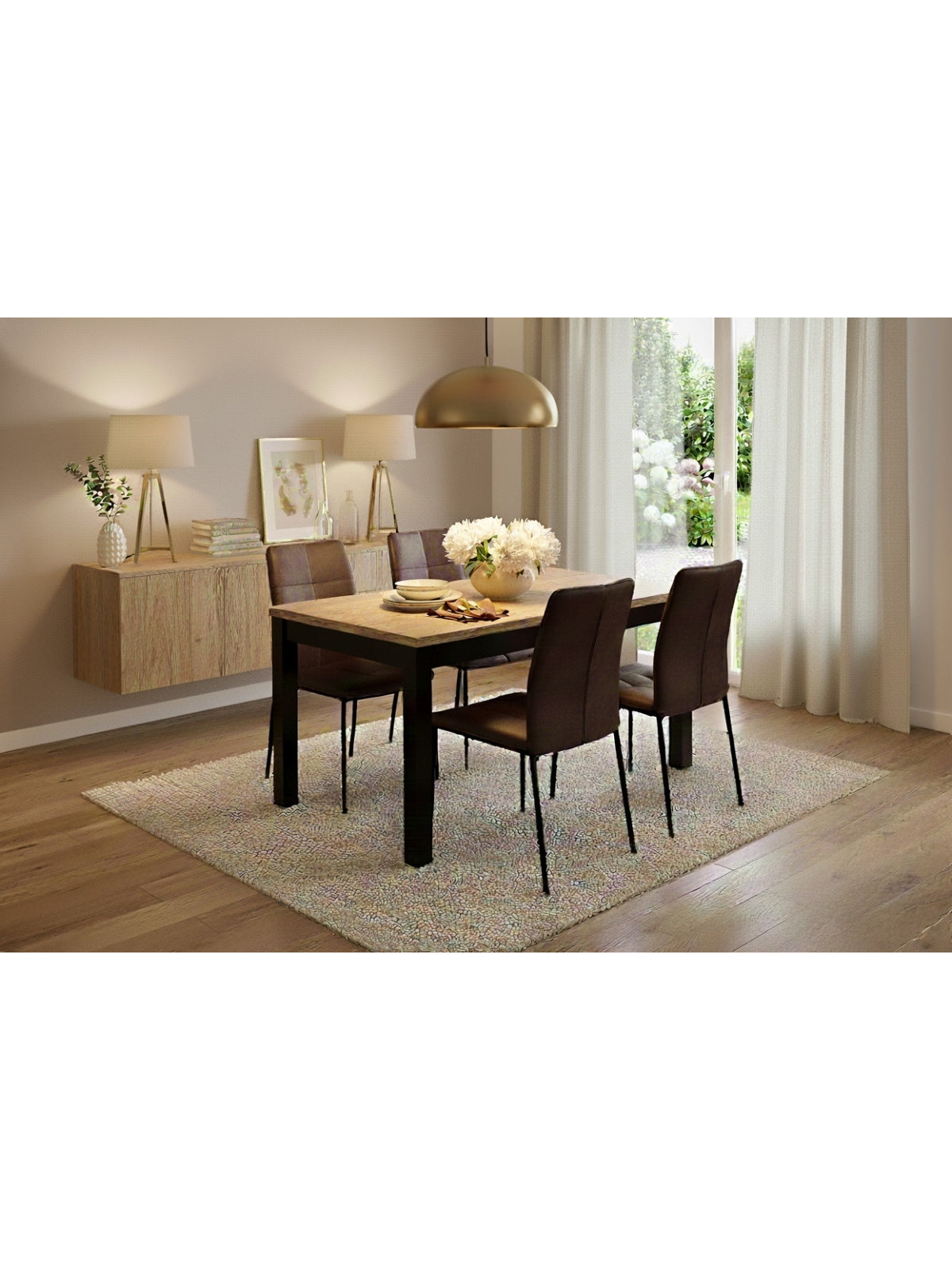 Rozkládací stůl Werona 140-180x80 cm v odstínu dub pradawny s černými nohami, pohled na celý stůl
