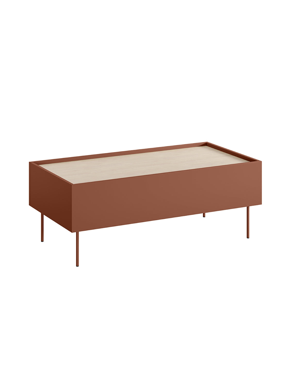 Konferenční stolek Desin 120 cm v barvě ceramic red mat s vrchní deskou dub nagano a dvěma zásuvkami