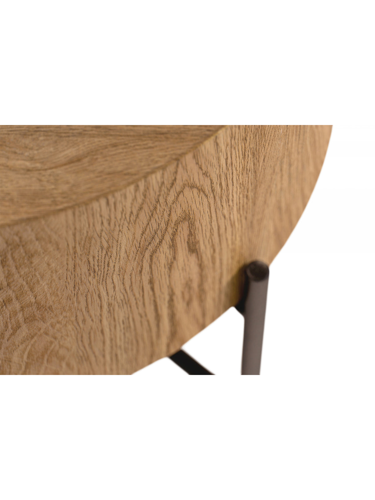 Kulatý konferenční stolek Liviano 80 cm přírodní dub černé kovové nohy detail