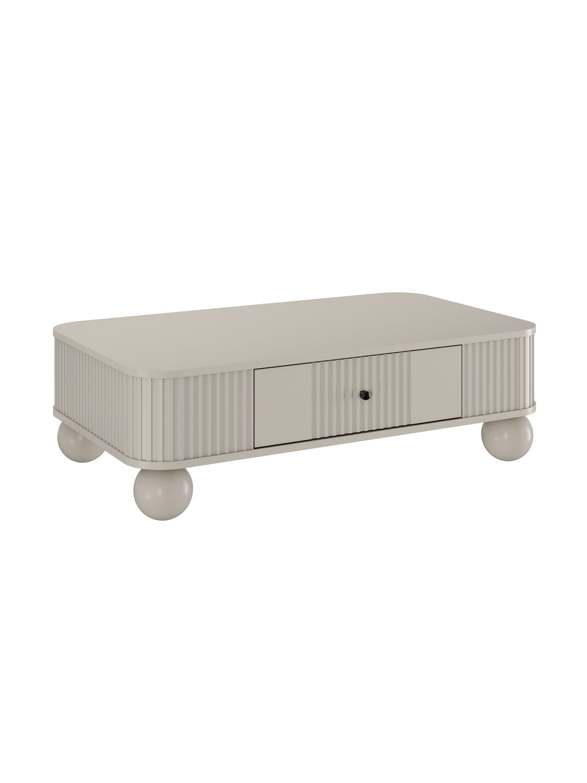 Stolik kawowy Vesper 103x60 cm kaszmir z czarnym metalowym uchwytem i nogami w kształcie kul