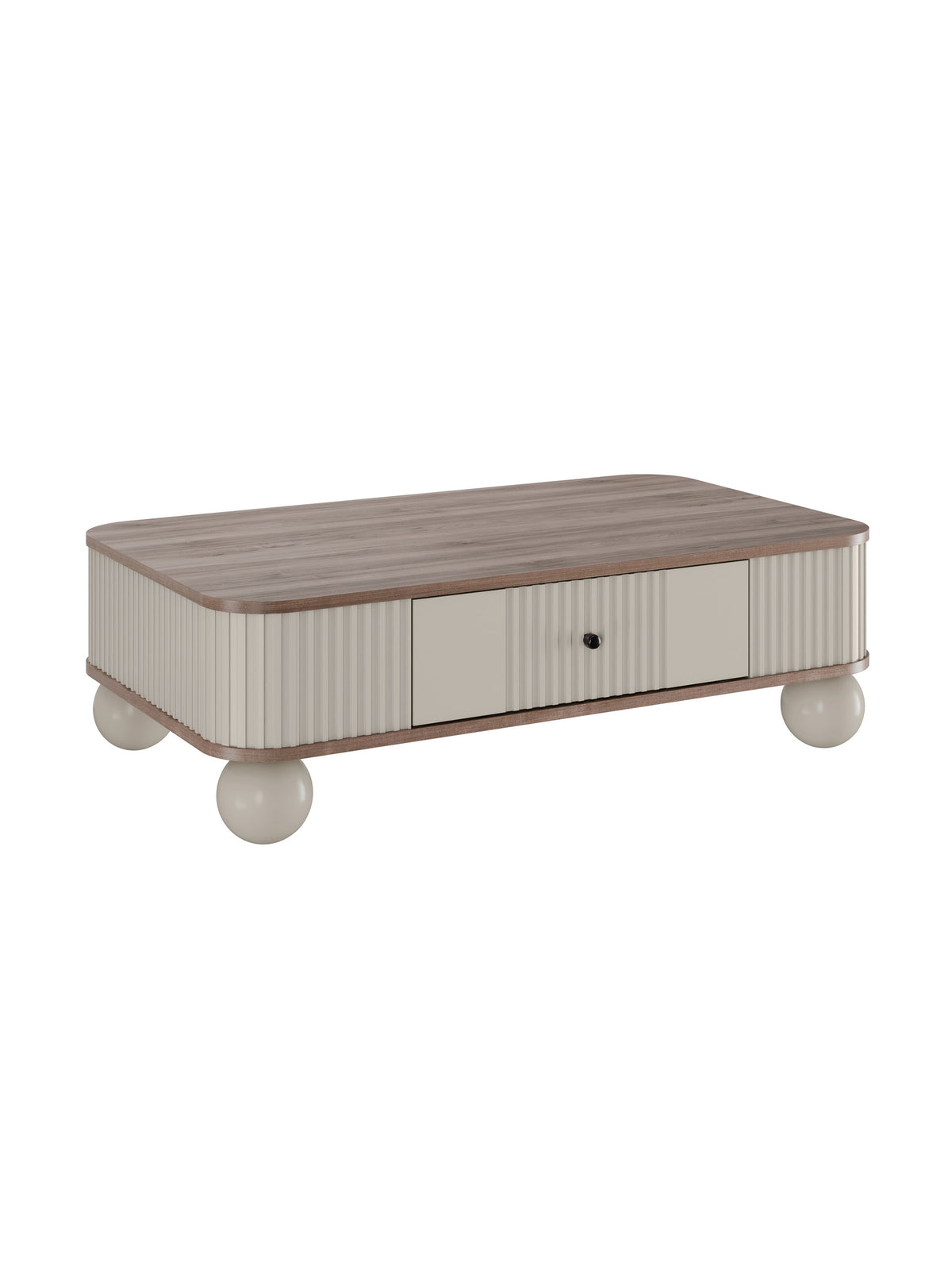 Stolik kawowy Vesper 103x60 cm kaszmir z blatem orzech i czarnymi uchwytami, widok z przodu