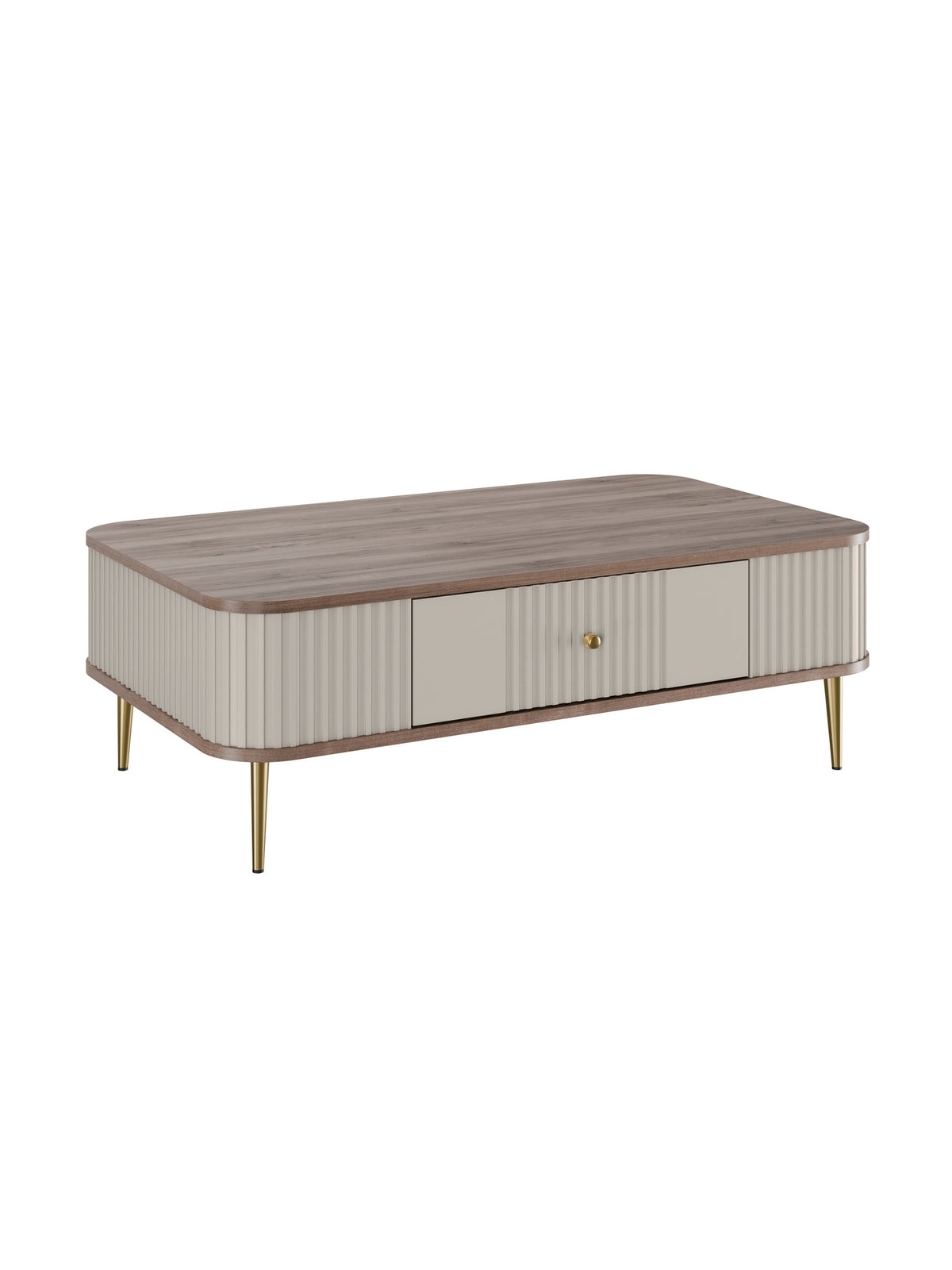 Stolik kawowy Vesper 103x60 cm z szufladą kaszmir i blat orzech złote nogi
