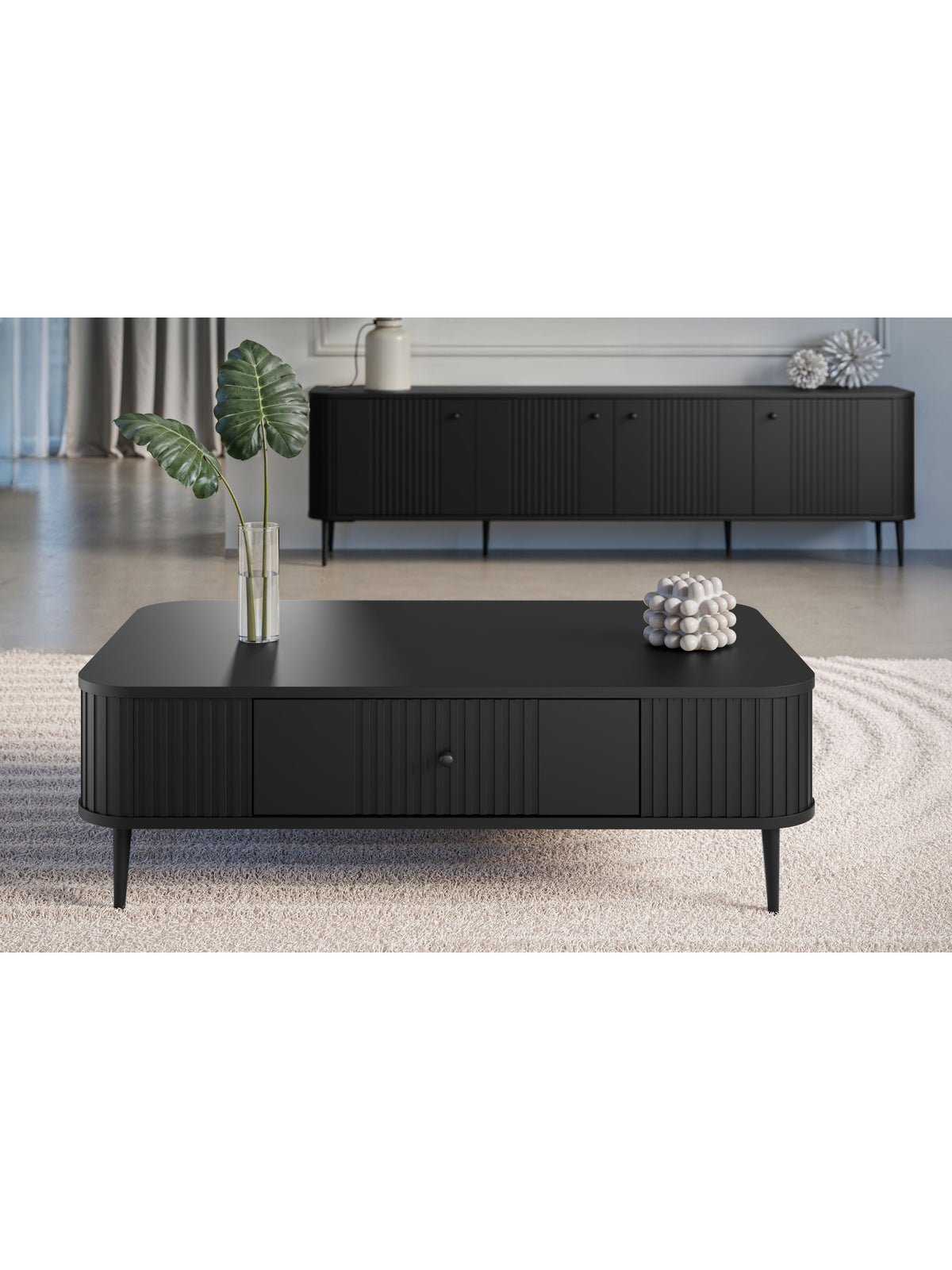 Stolik kawowy Vesper 103x60 cm czarny z szufladą i ryflowanym frontem