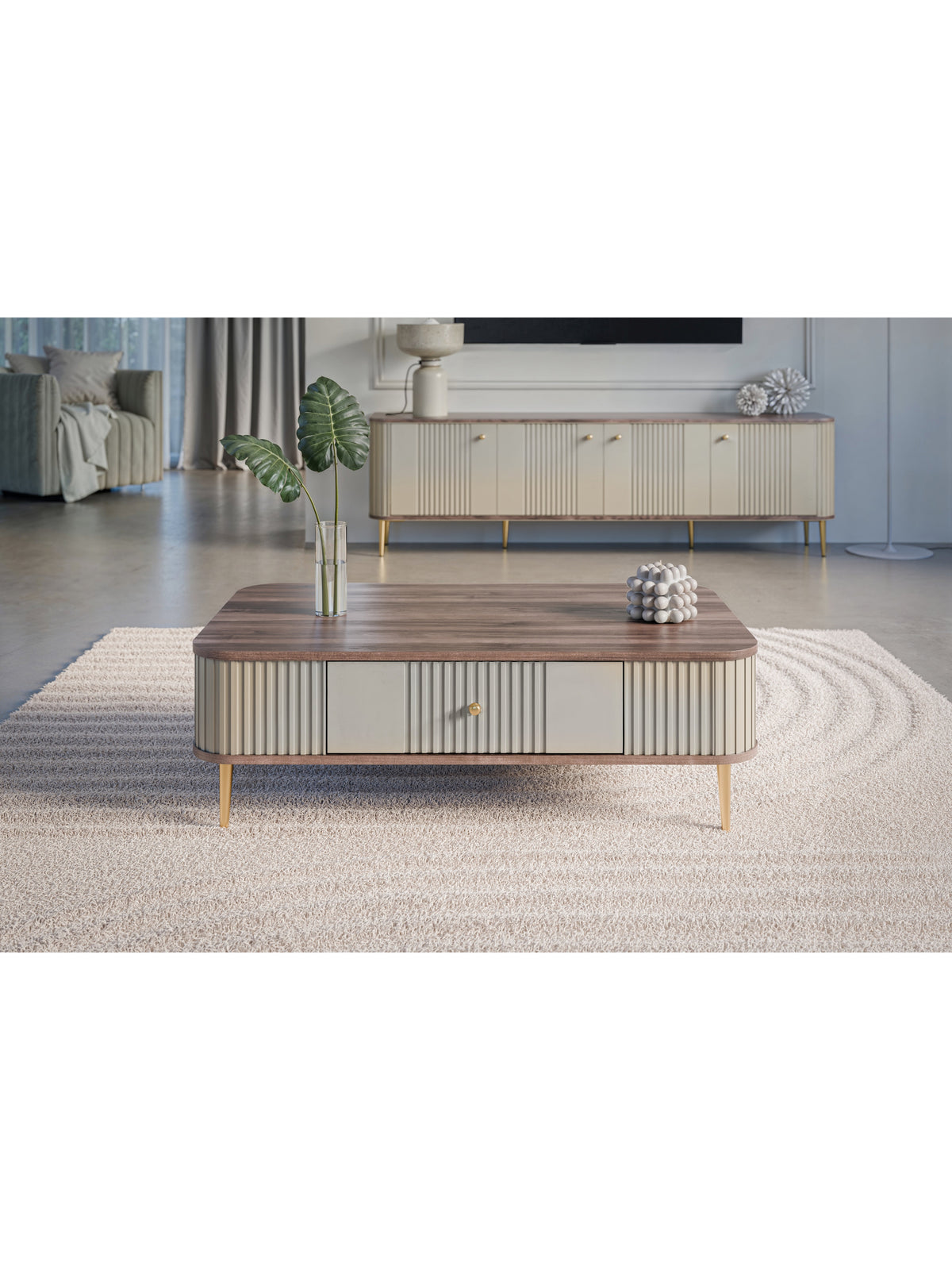 Stolik kawowy Vesper 103x60 cm kaszmir z orzechowym blatem i złotymi nogami