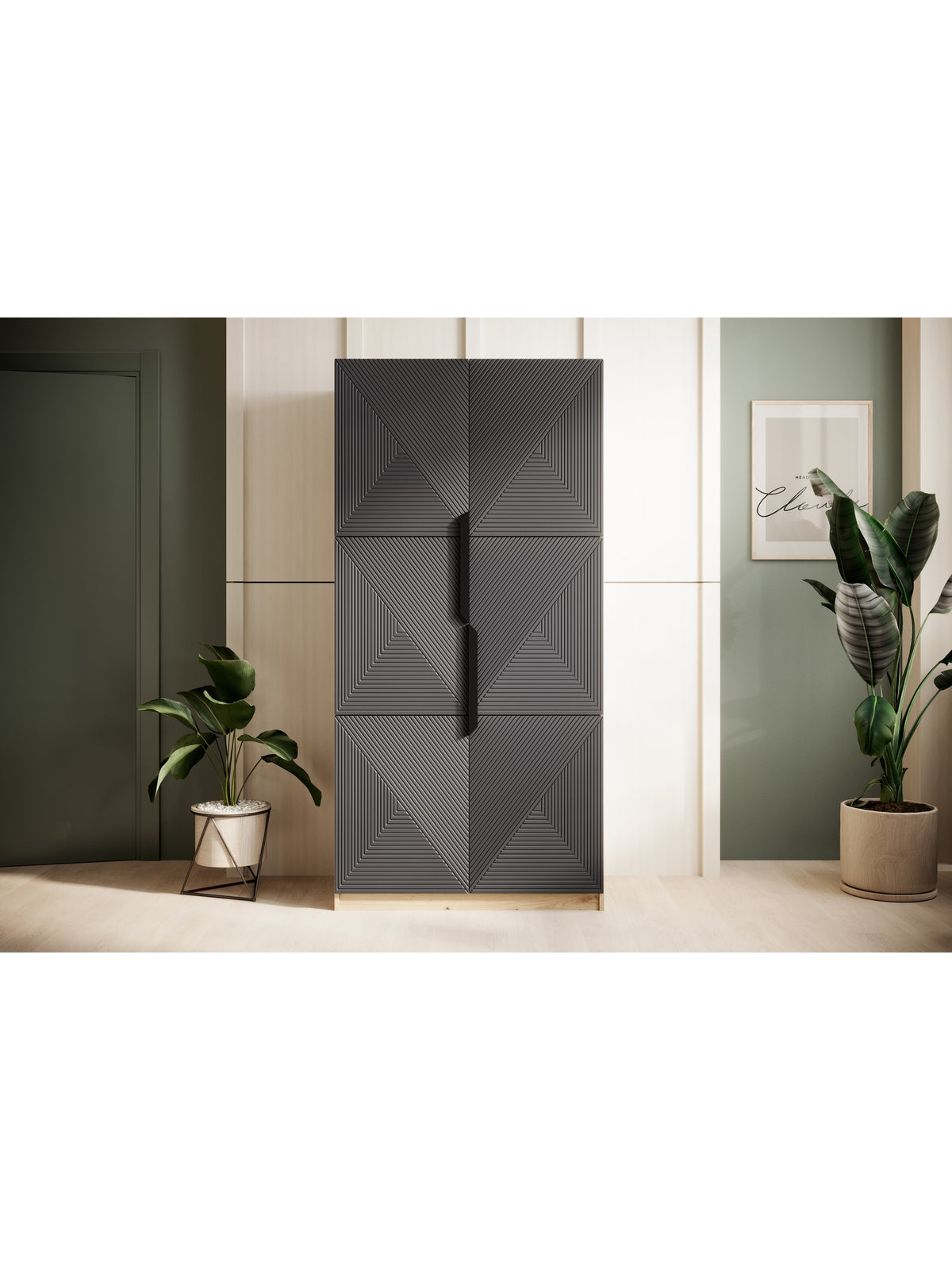 skříň Asha 100 cm s frézovanou přední částí i metalowymi uchwytami- artisan / rivier stone mat / černá Úchytky