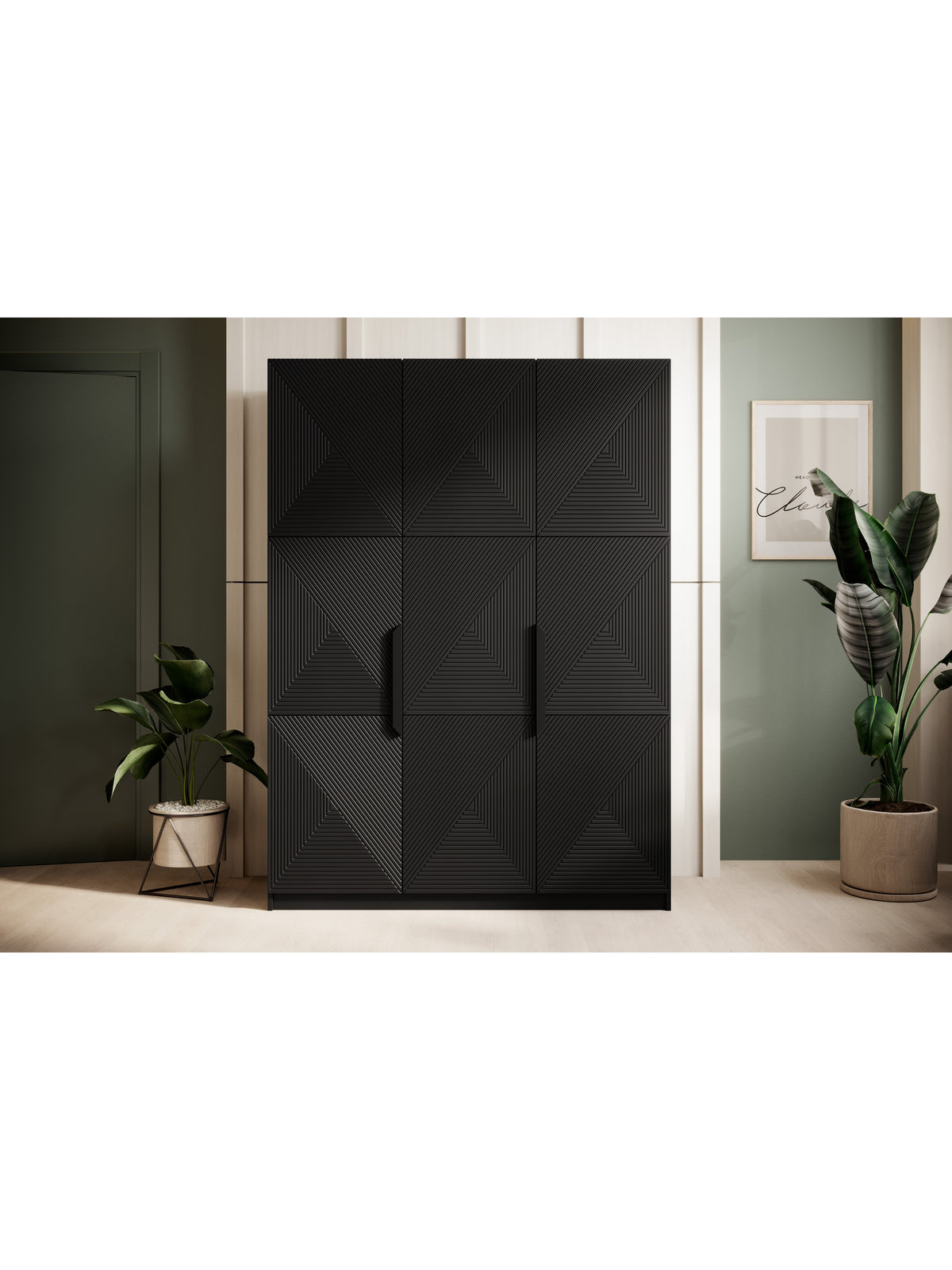 Skříň Asha 150 cm matná černá s kovovými úchyty, žebrované čelo, 3 dveře