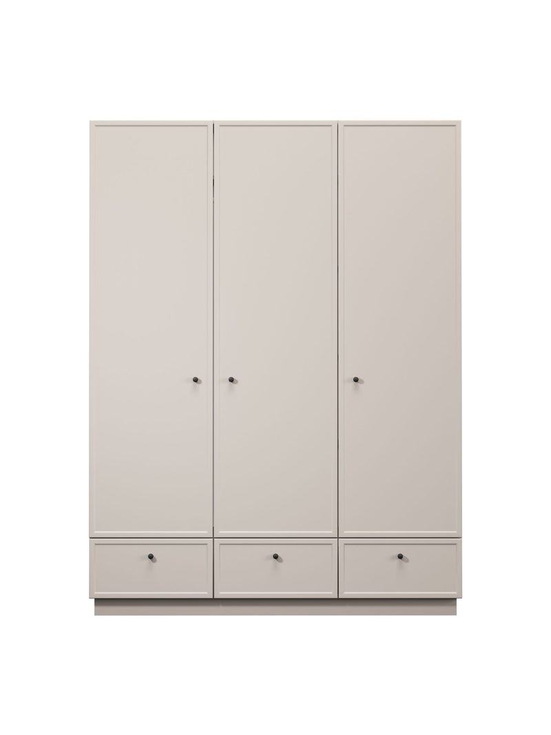 Šatní skříň Lorini 150 cm kasmírová barva s černými úchyty, 3 dveře, 3 zásuvky