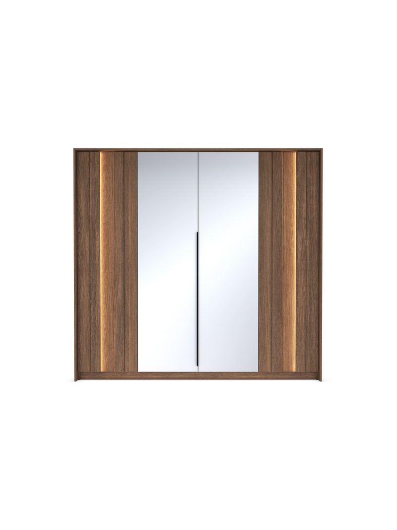 Skříň Flaro 223 cm s LED osvětlením, dub dunin, čtyři dveře se zrcadlem