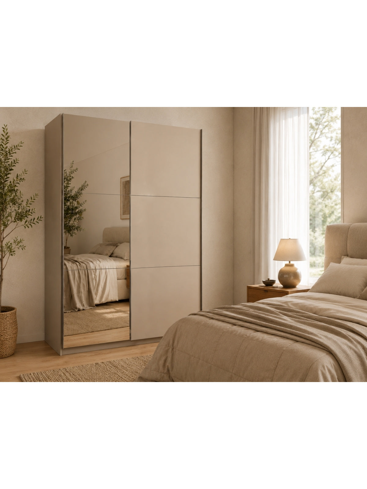Posuvná skříň Laris 120 cm v béžové barvě se zrcadlem na dveřích