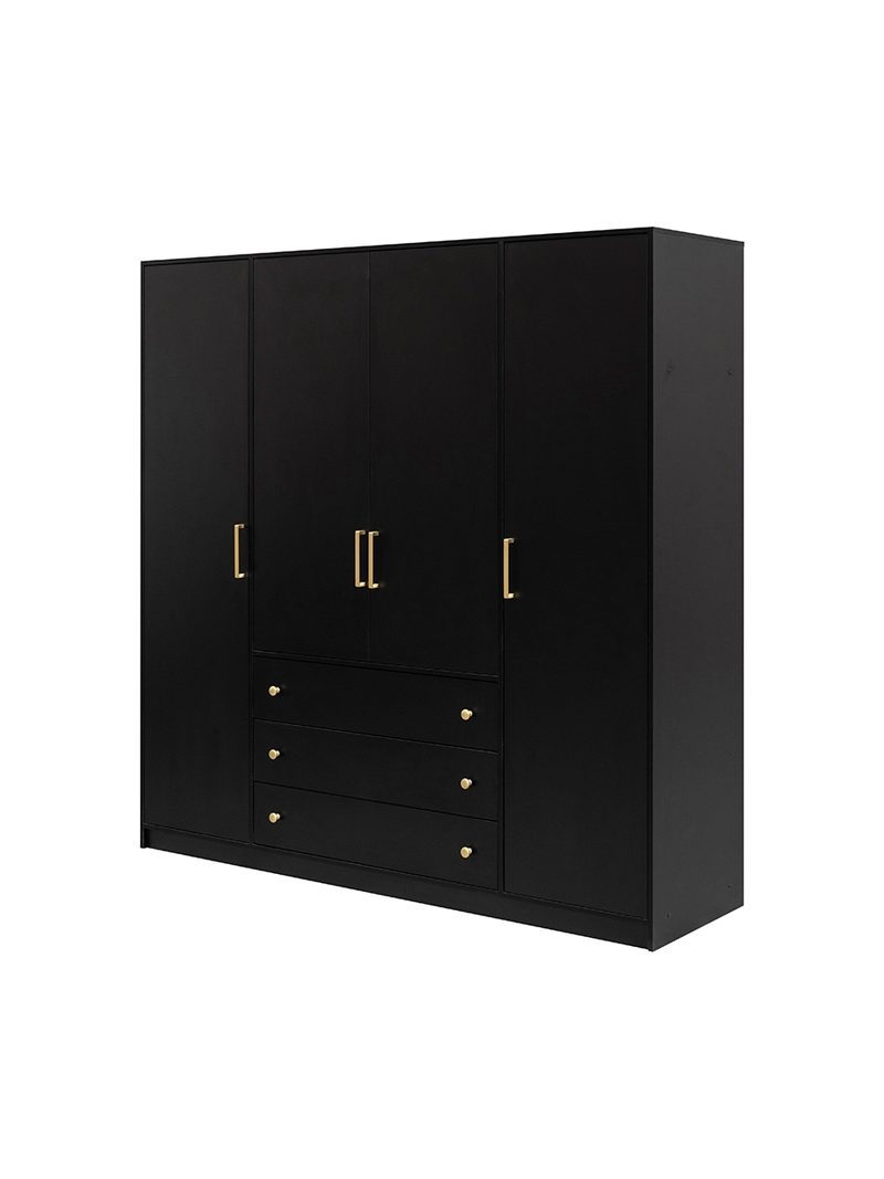 Čtyřdveřová skříň Alvora černá matná se 3 zlatými úchyty na zásuvky, přední pohled