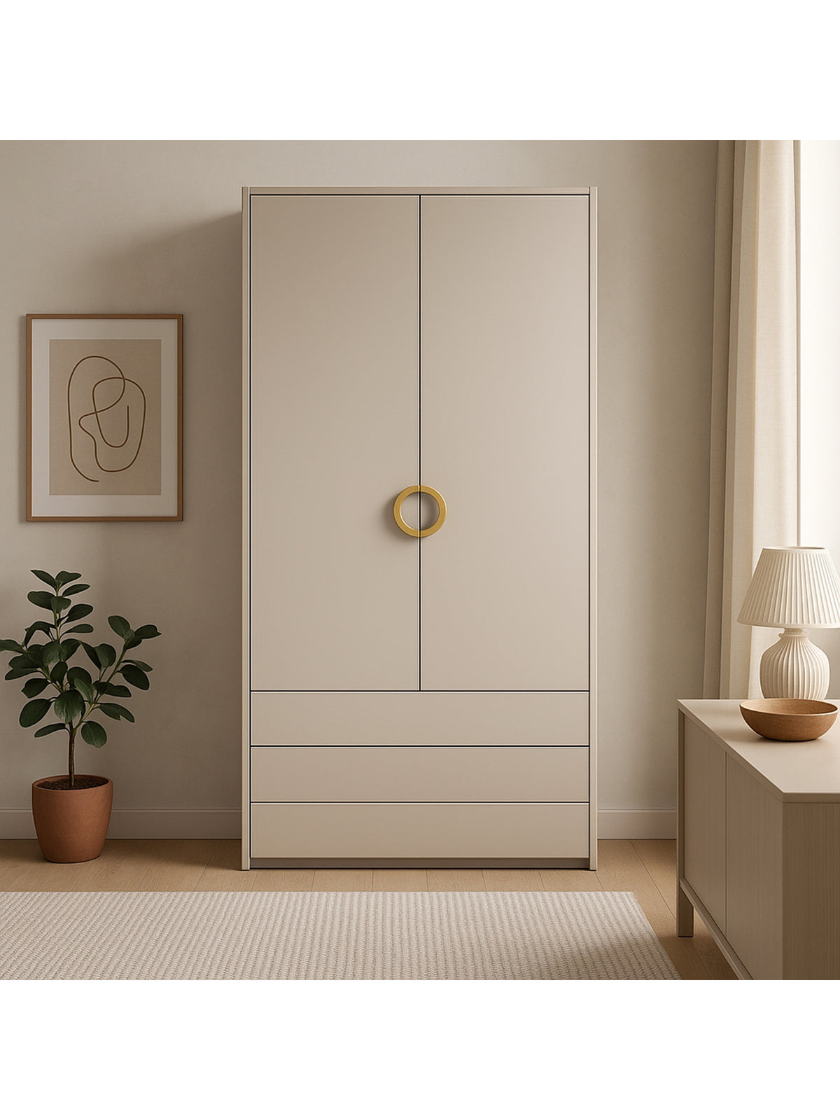 Skříň Nubo 100 cm kaszmir se 2 dveřmi a 3 zásuvkami, žebrovaný front, zlatá úchytka