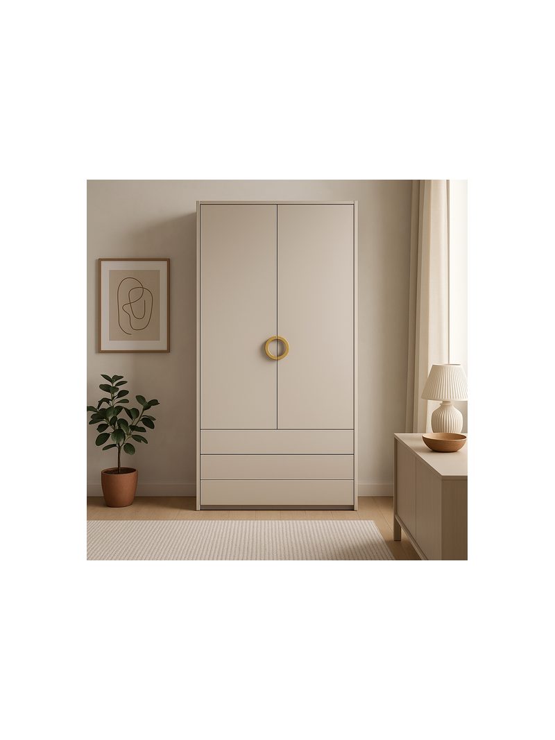 Skříň Nubo 100 cm kaszmir se 2 dveřmi a 3 zásuvkami, žebrovaný front, zlatá úchytka