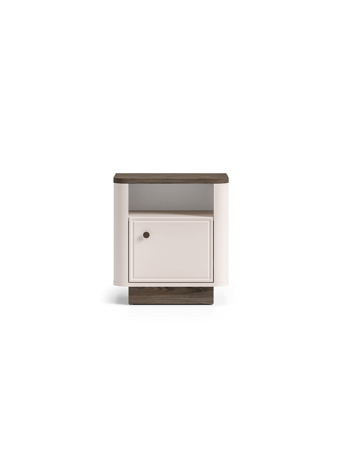 Noční stolek Amberto 50 cm kasmírový s tmavým dubovým soklem, zaoblený přední panel