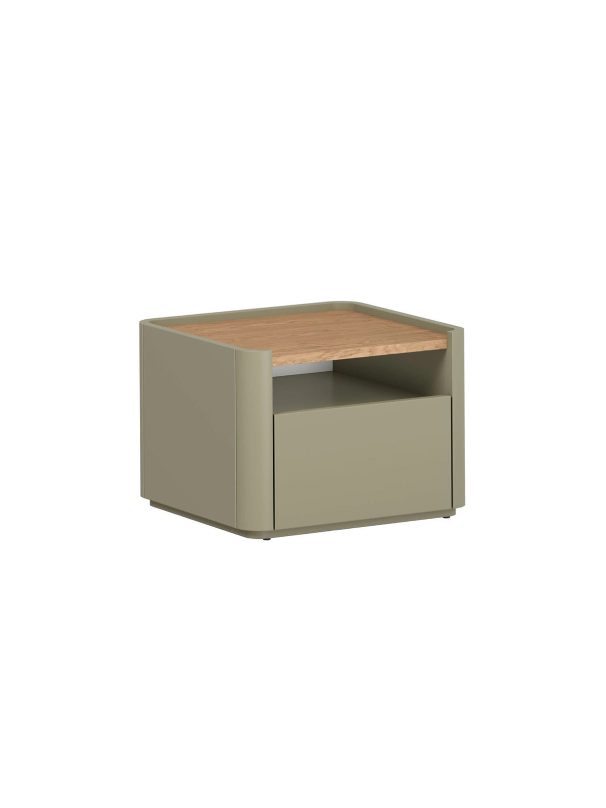 Noční stolek Elivo 50 cm v barvě eukalyptus s deskou dub baltic dune a jedním zásuvkou