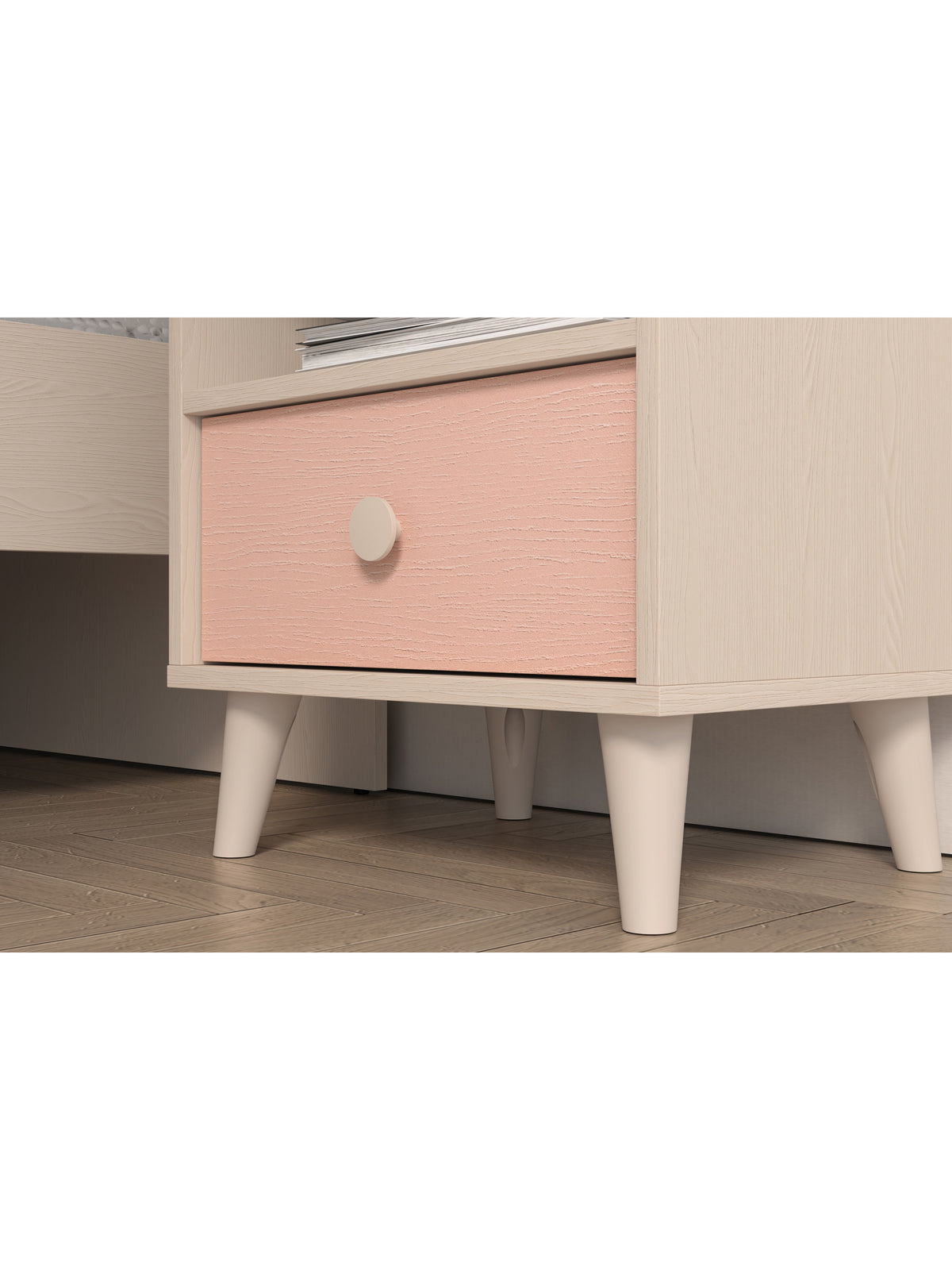 Noční stolek Marla 45 cm s růžovou zásuvkou millenial pink a korpusem v barvě písku