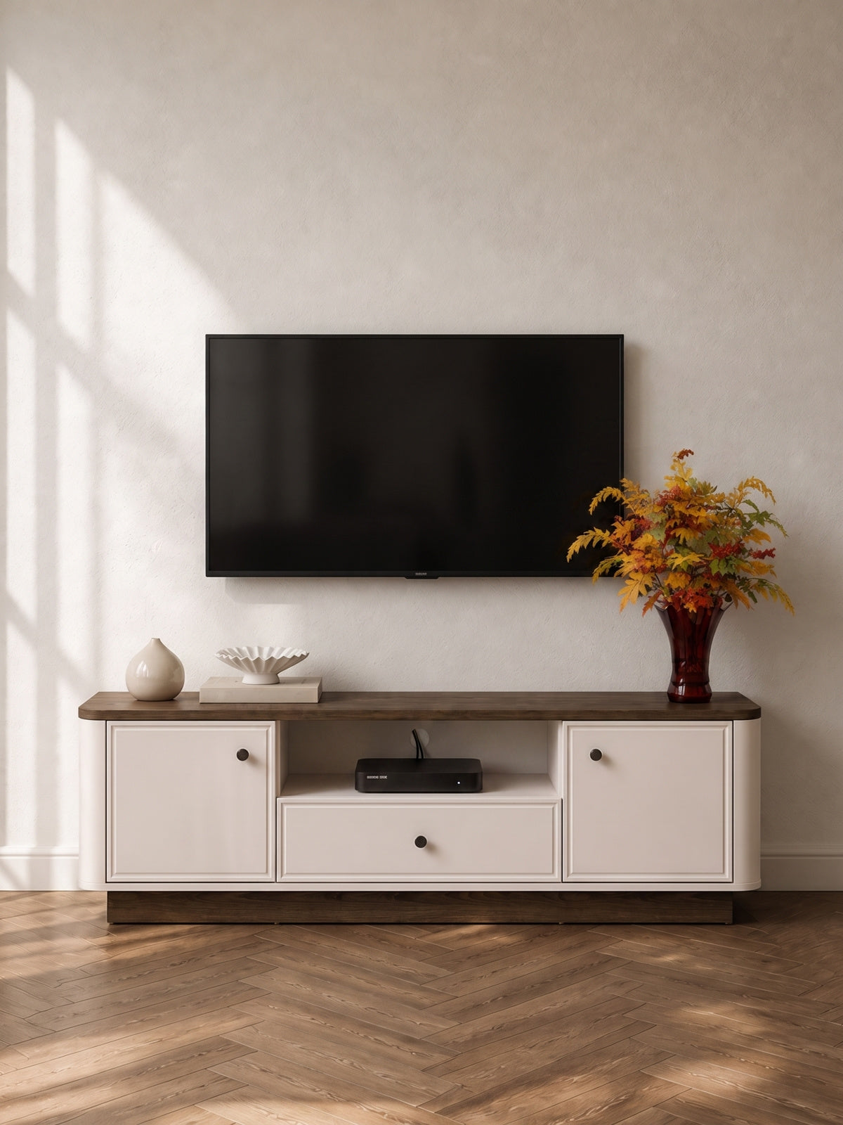 TV komoda Amberto 160 cm kaszmir s jednou zásuvkou a dřevěným soklem dub windmill dark